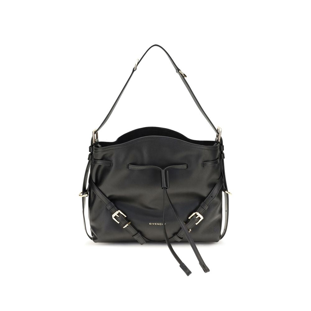 Givenchy Voyou Small Bucket Bag in black shiny calfskin leather with gold buckles available at The Exclusive Line Singapore.