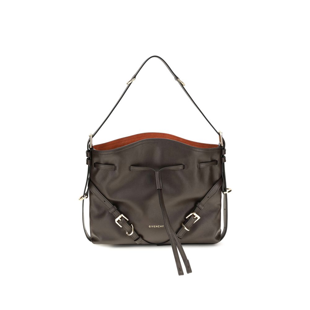 Givenchy Voyou Small Bucket Bag in chocolate brown shiny calfskin leather with gold buckles available at The Exclusive Line Singapore.