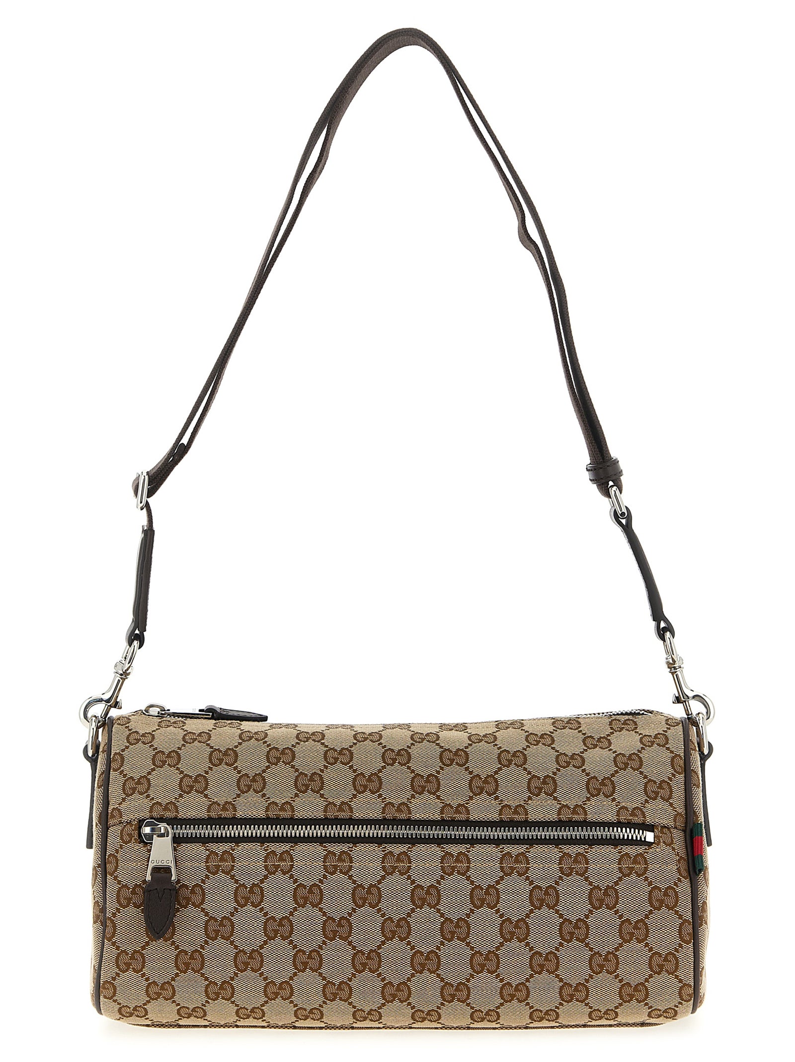 Gucci Cylindrical Crossbody Bag in beige and ebony GG monogram canvas featuring a barrel shape, front zip pocket, and dark brown leather trim.