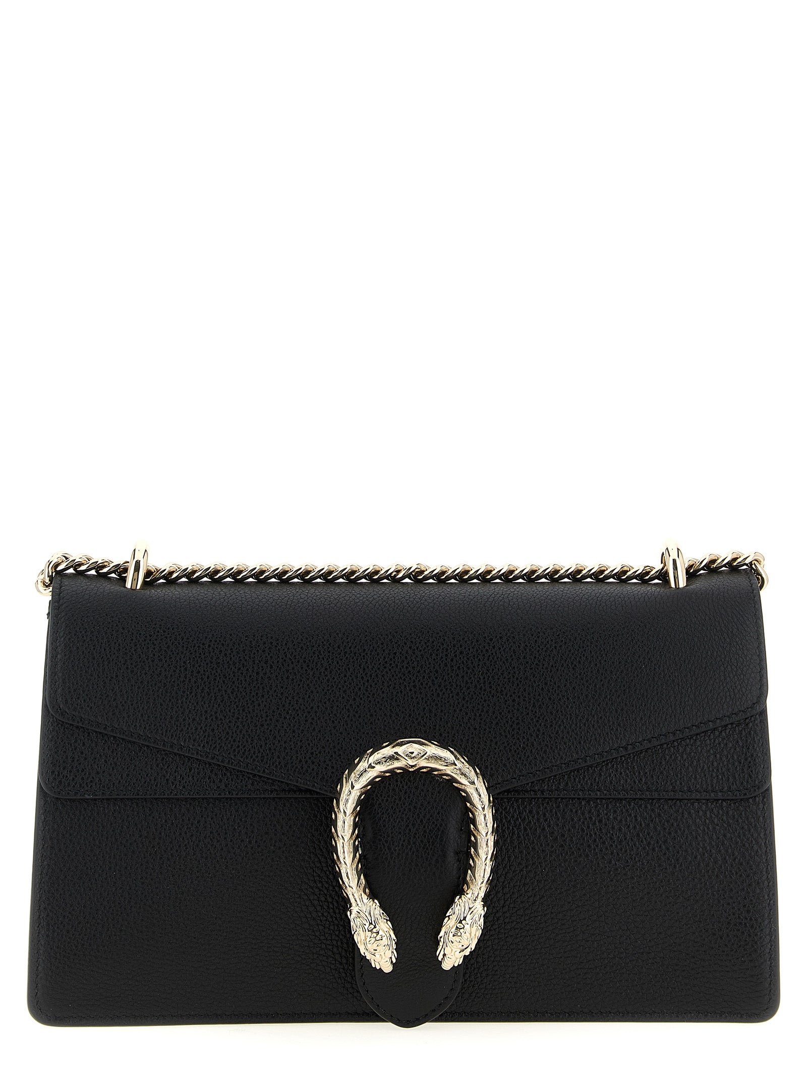 Gucci Dionysus Medium Shoulder Bag in black soft grainy leather with two-tone tiger head hardware.