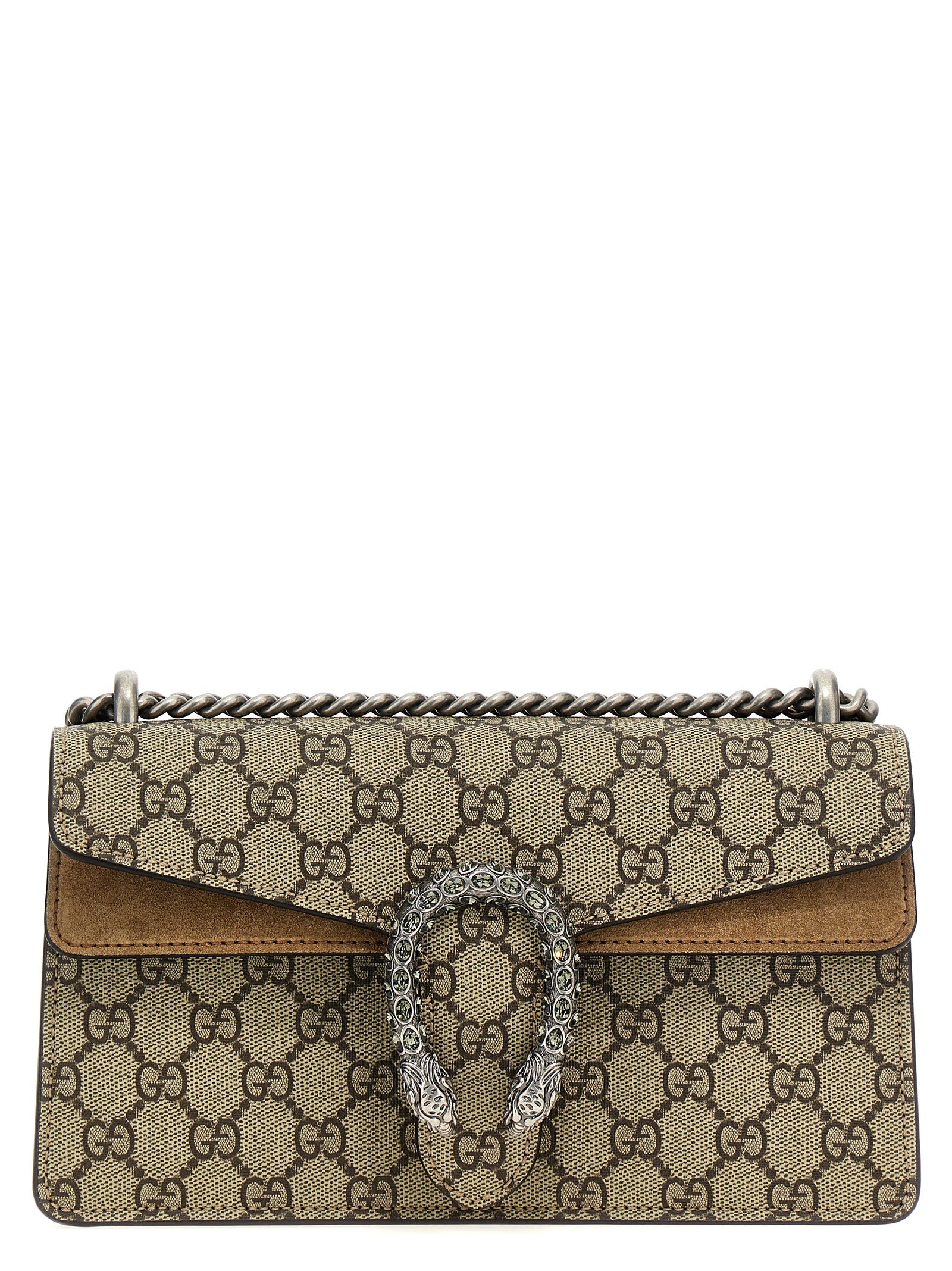 Gucci Dionysus Medium Shoulder Bag in brown GG canvas with rhinestone-embellished tiger head spur and palladium chain strap.