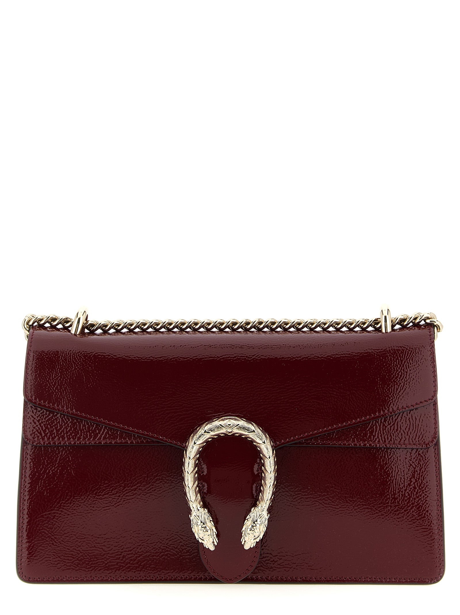 Gucci Dionysus Medium Shoulder Bag in glossy red patent calfskin leather featuring two-tone palladium and gold-toned tiger head hardware.
