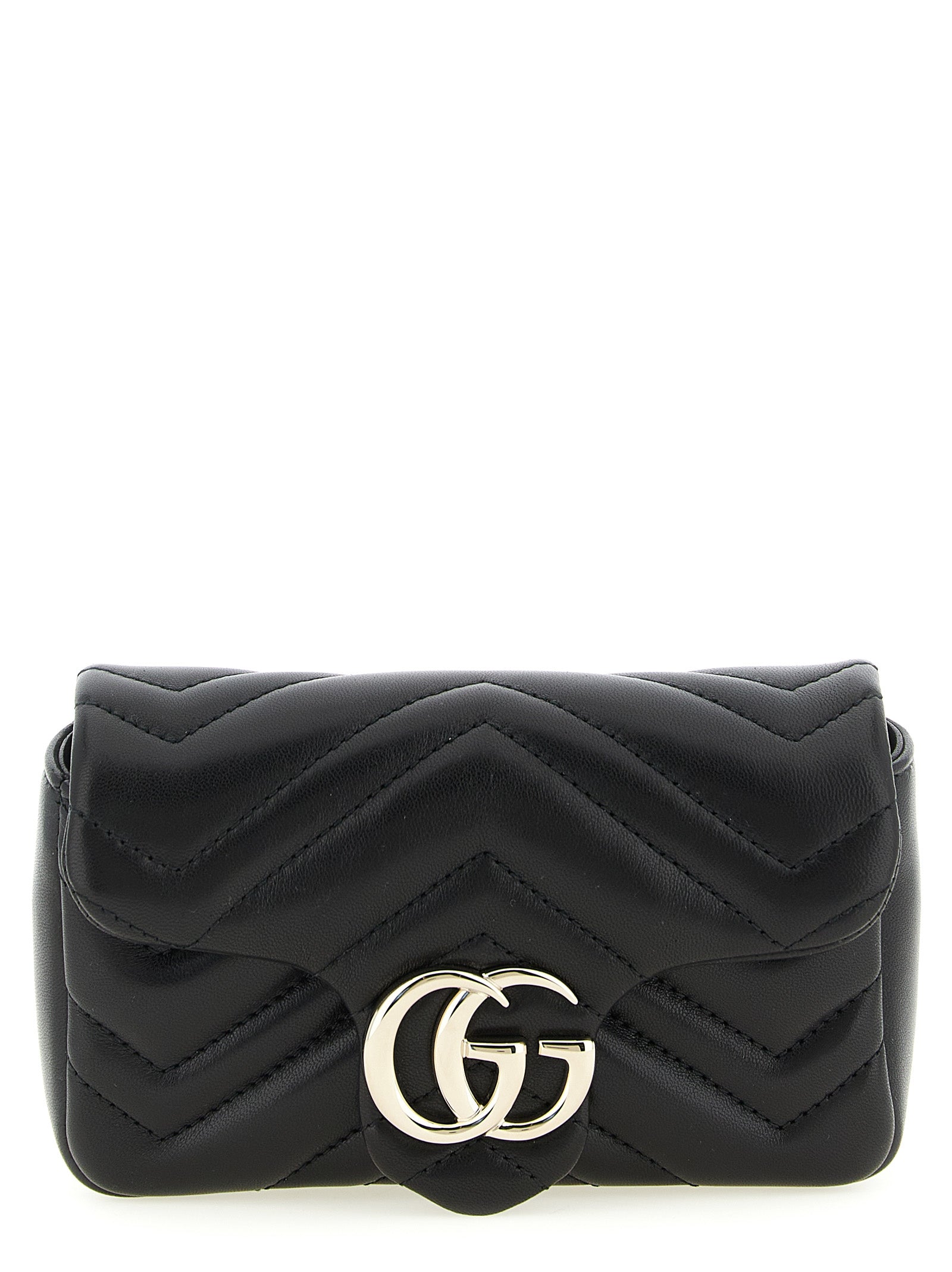 Gucci GG Marmont Mini Shoulder Bag in black chevron matelassé lambskin leather with light gold-toned Double G hardware.