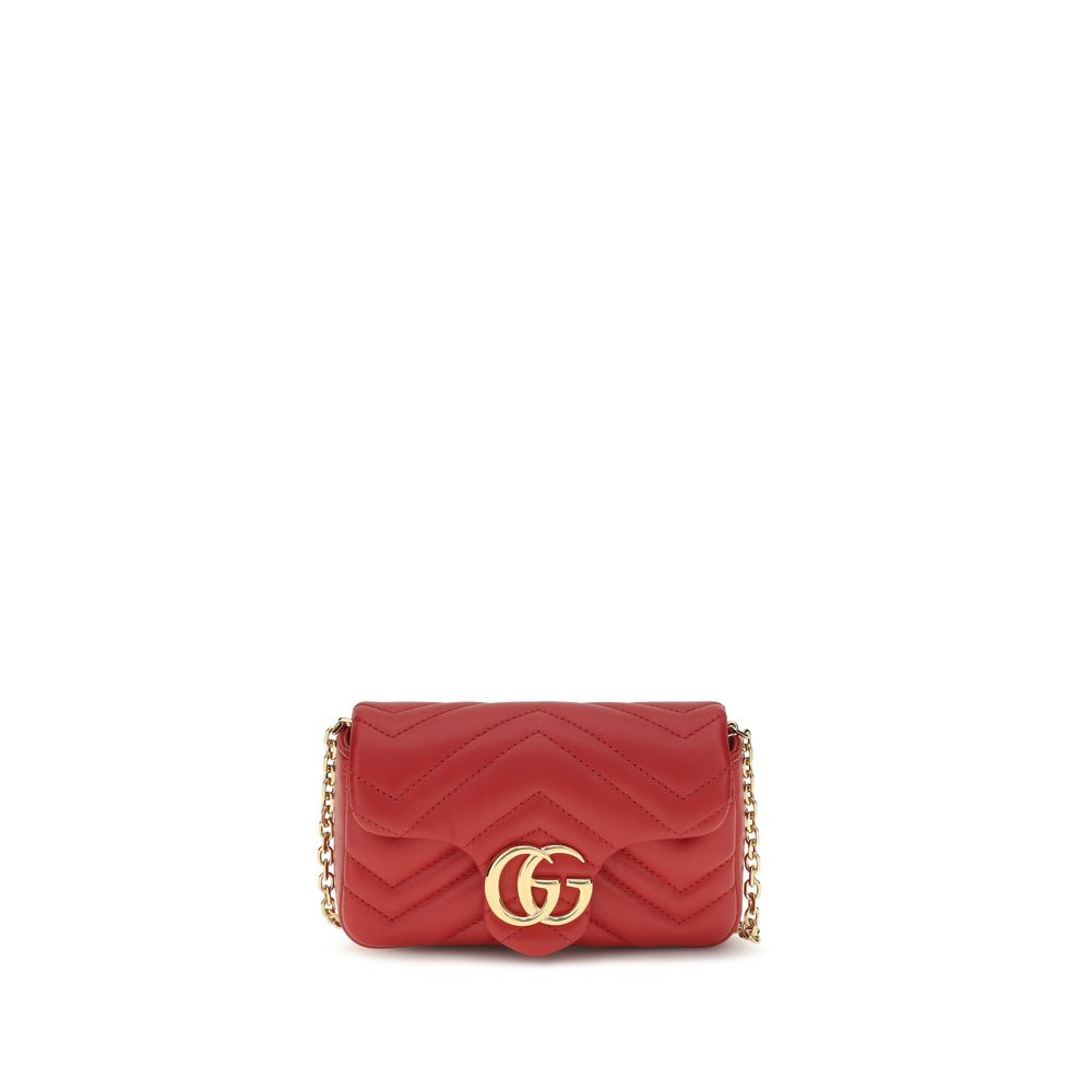 Gucci GG Marmont Mini Shoulder Bag in bright red chevron matelassé nappa leather with a gold-toned chain strap and Double G hardware.