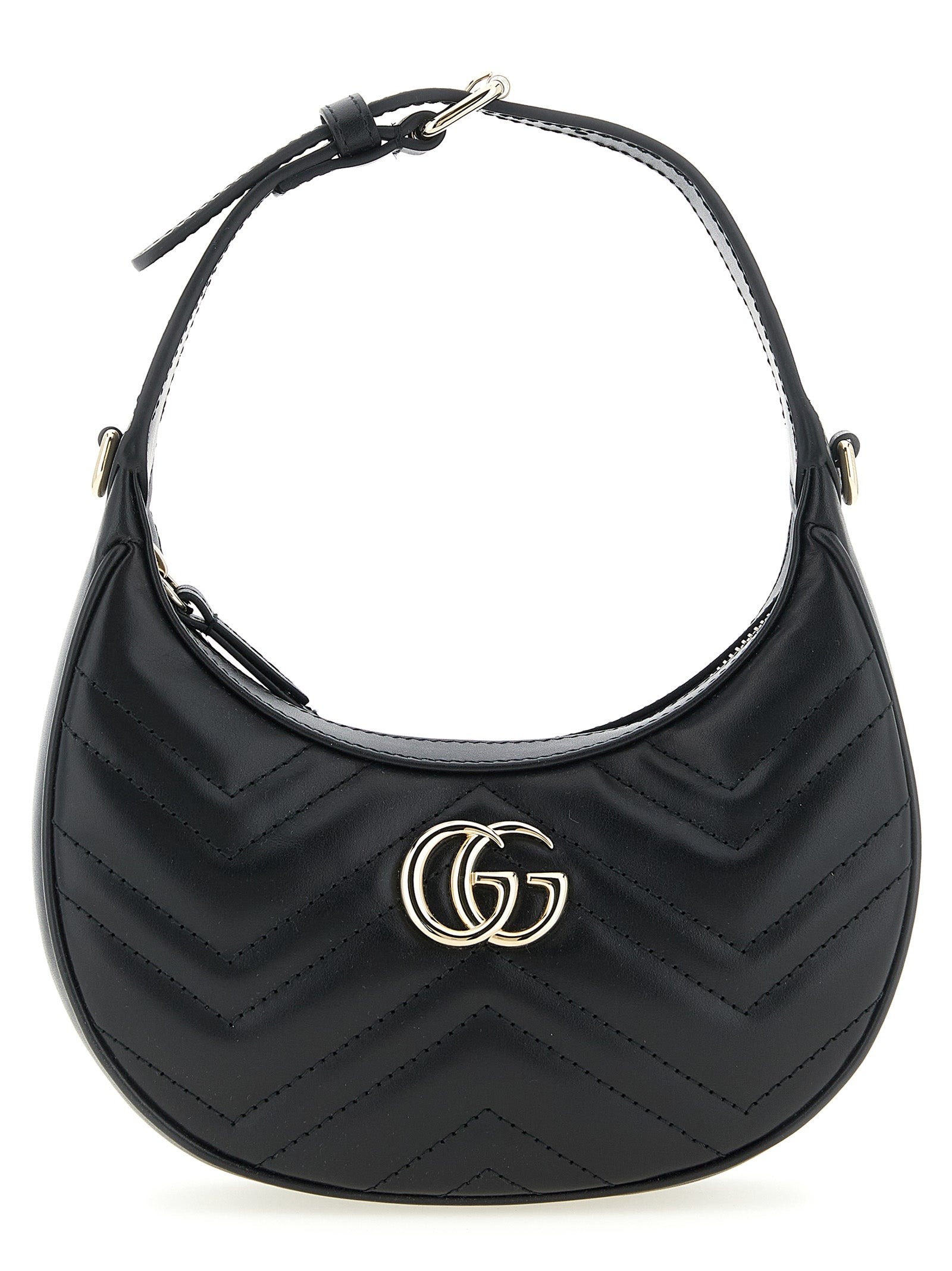 Gucci GG Marmont Small Shoulder Bag with a half-moon crescent silhouette in black matelassé chevron leather and antique gold Double G.