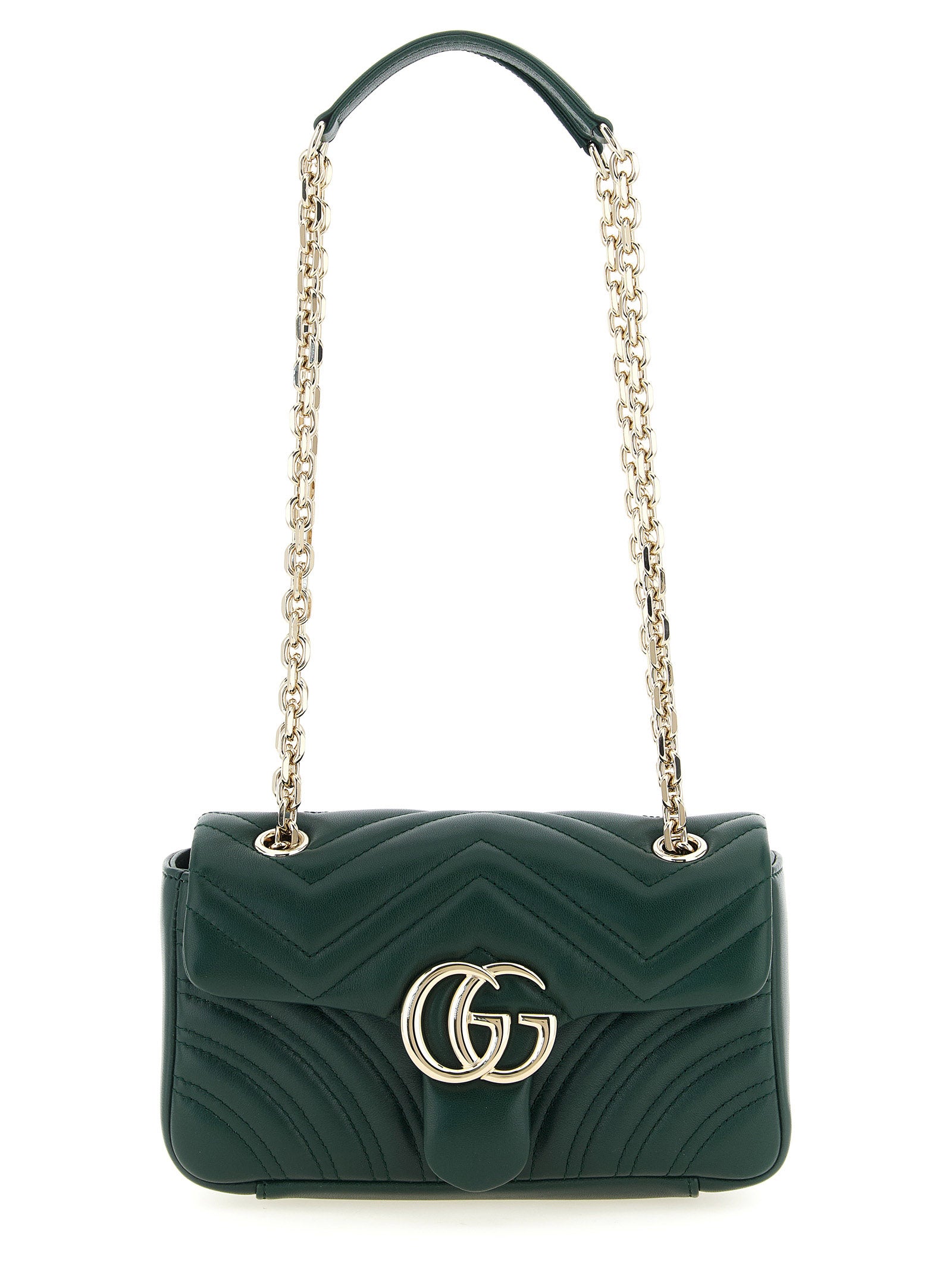 Gucci GG Marmont Small Shoulder Bag in green matelassé chevron leather with light gold-toned Double G logo.