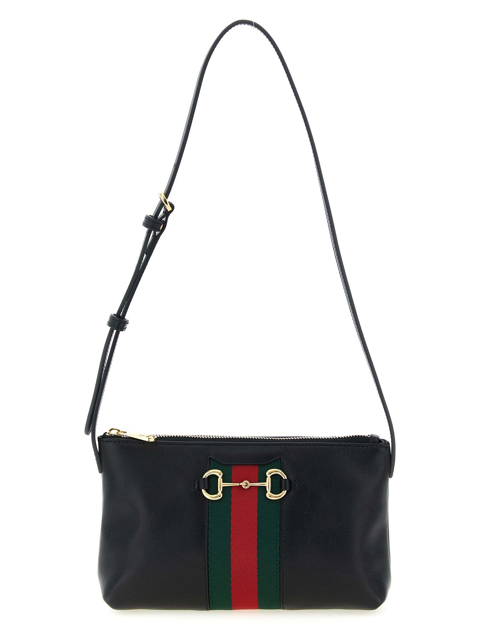 Gucci Horsebit Web Small Shoulder Bag in black soft refined leather with gold-toned Horsebit hardware and Web stripe.