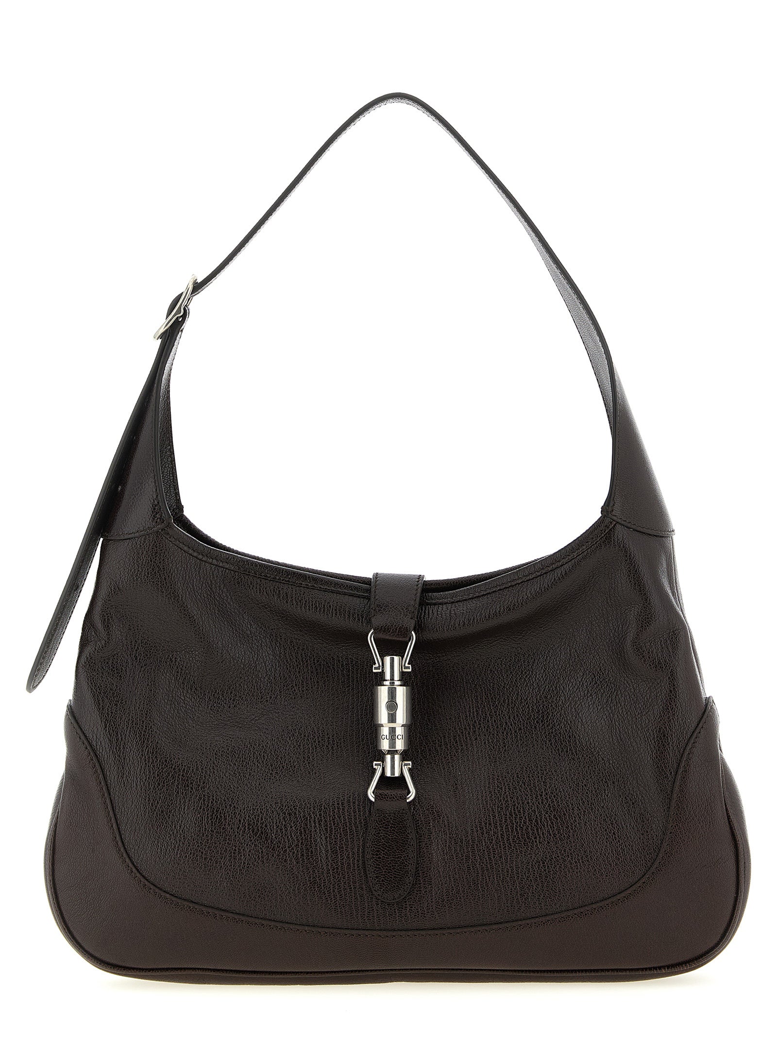 Gucci Jackie 1961 Medium Shoulder Bag in dark brown grainy leather with palladium piston closure from The Exclusive Line Singapore.