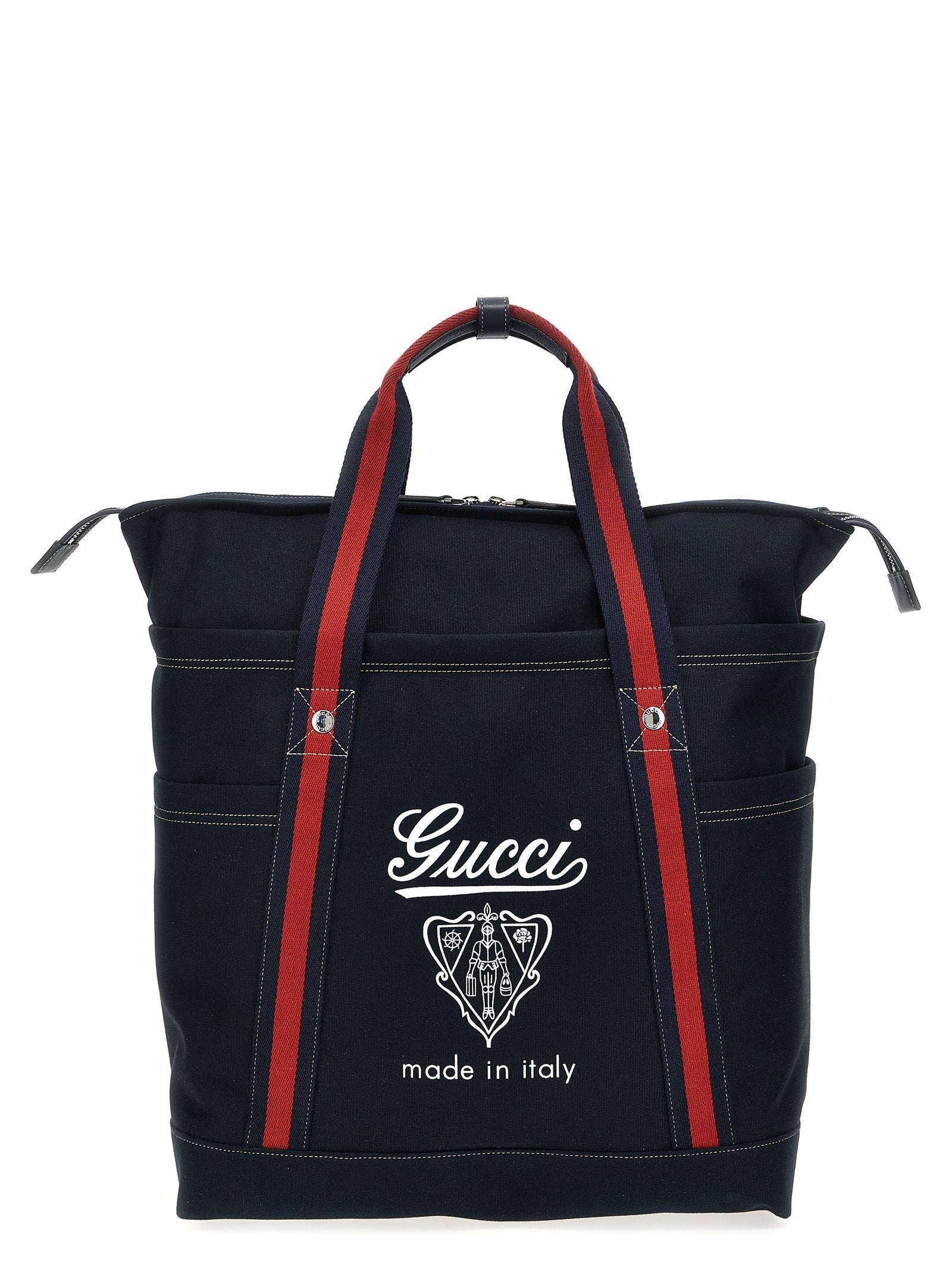 Gucci Large Canvas Shopping Bag in dark blue cotton featuring a contrast crest coat of arms print and Nastro Web fabric handles.