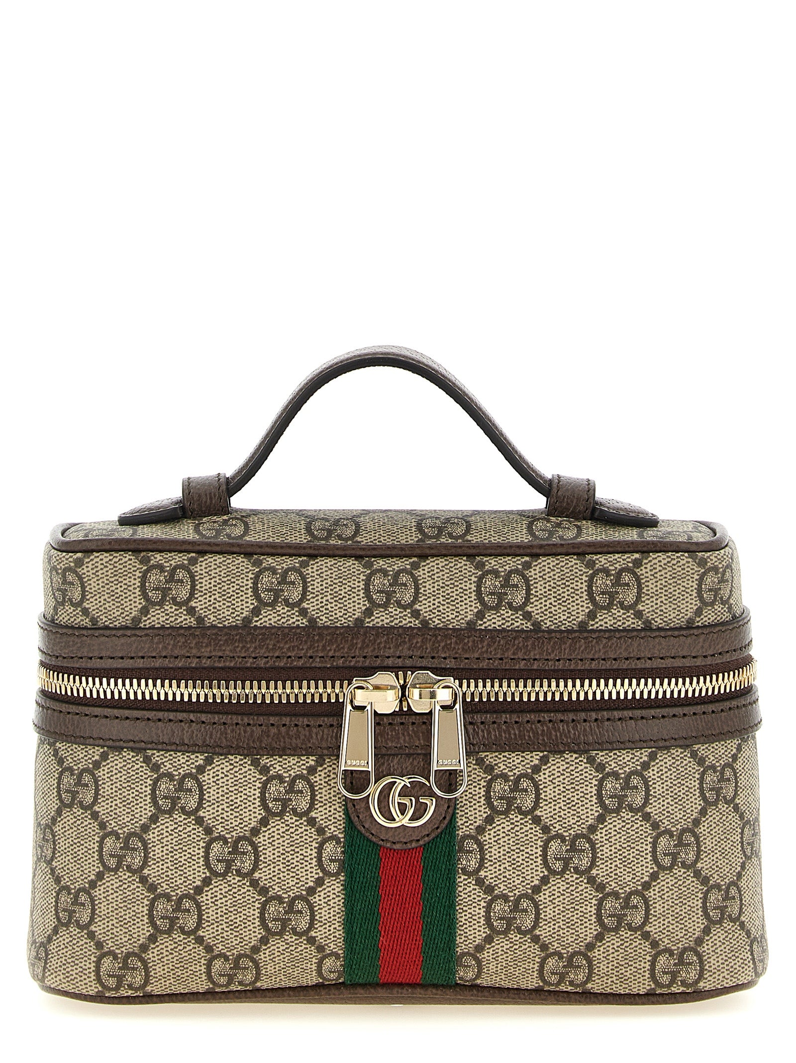 Gucci Ophidia Small Vanity Bag in beige and brown GG monogram coated fabric featuring top leather handle and light gold-toned Double G logo.
