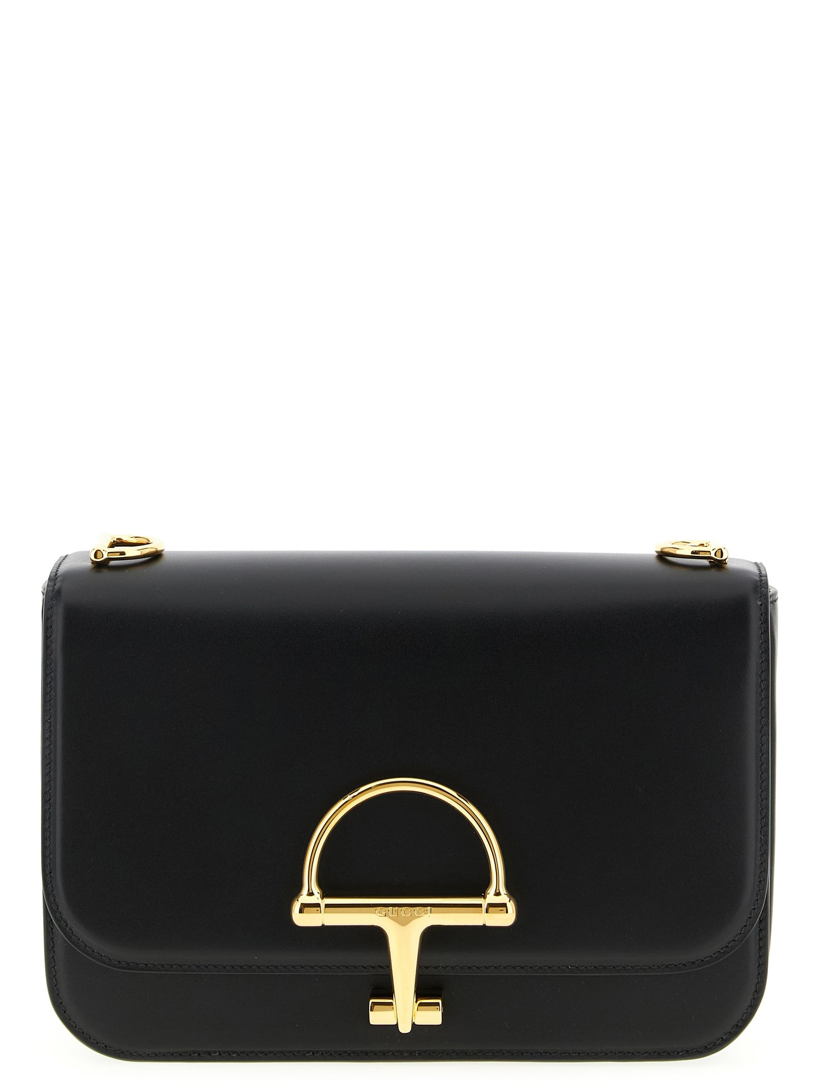 Gucci Siena Crossbody Bag in black calfskin leather with gold-toned half-horsebit closure.