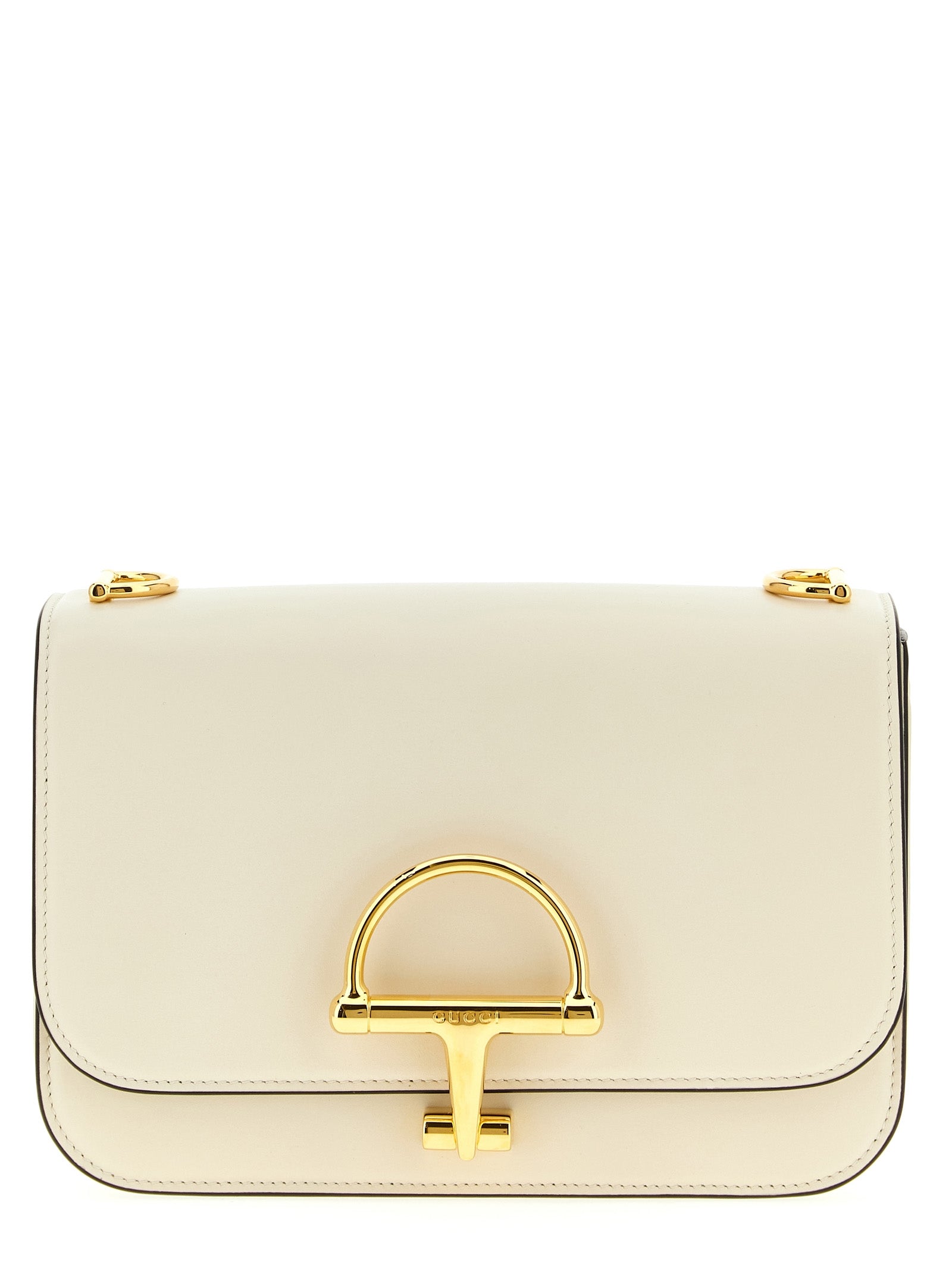 Gucci Siena Crossbody Bag in ivory calfskin leather with gold-toned half-horsebit closure.