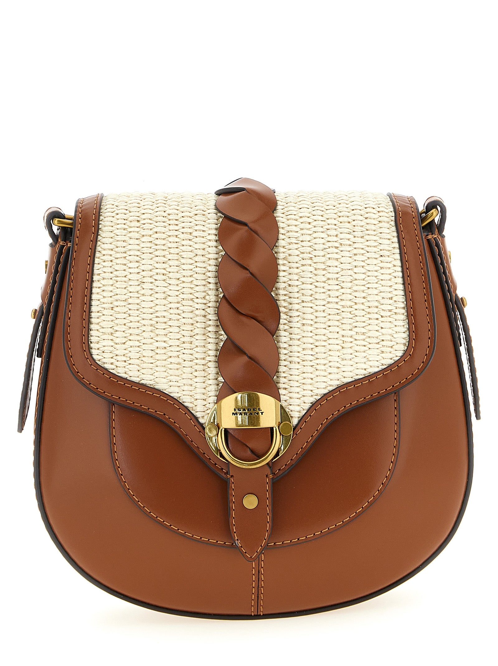 Isabel Marant Altay Small shoulder bag in brown calfskin leather and woven raffia with adjustable strap, displayed for The Exclusive Line Singapore.