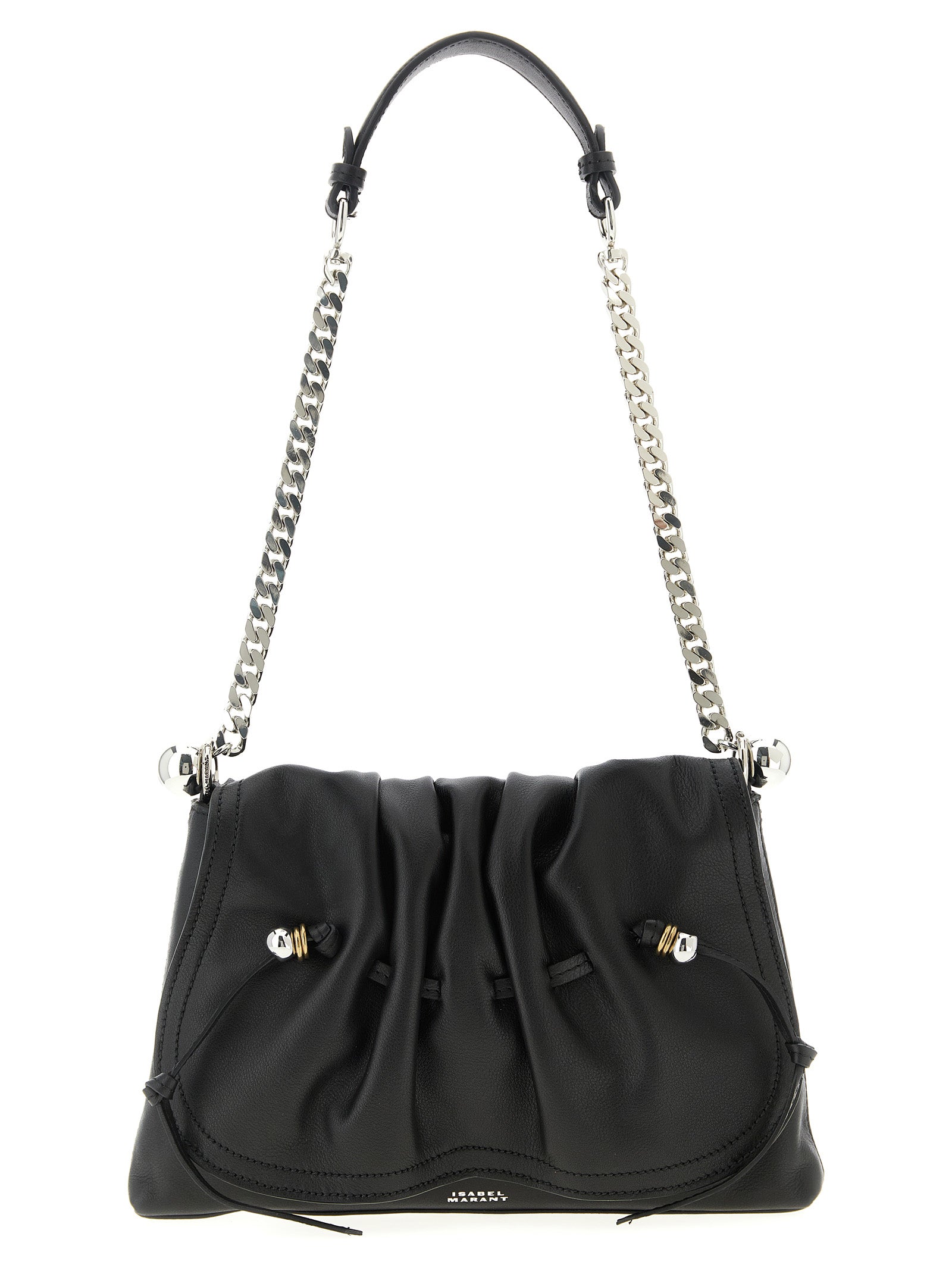Isabel Marant Bolton Pouch leather shoulder bag in black with a silver sliding chain strap and tassel strings, curated for The Exclusive Line Singapore.