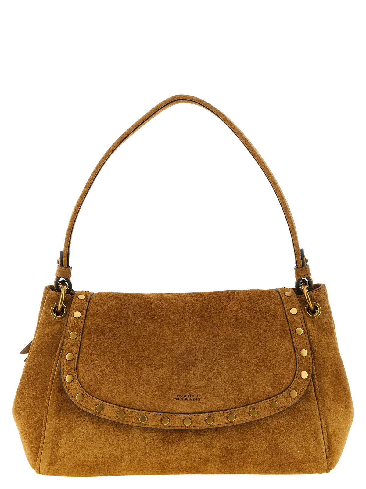 Isabel Marant Chany M Bag in cognac suede with round gold-tone studs and logo woven canvas strap.