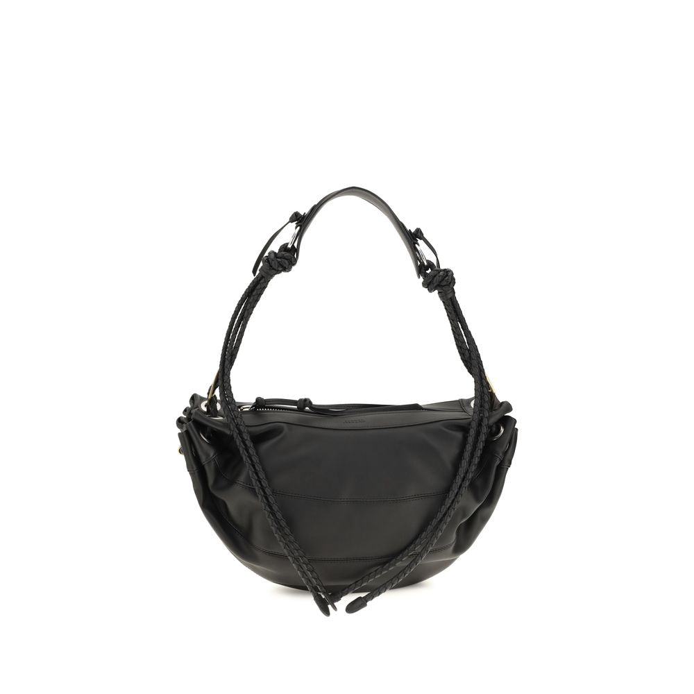 Isabel Marant Maia Medium shoulder bag in black pleated lambskin leather featuring braided leather cord straps, a diamond-shaped stopper, and mixed-metal hardware.