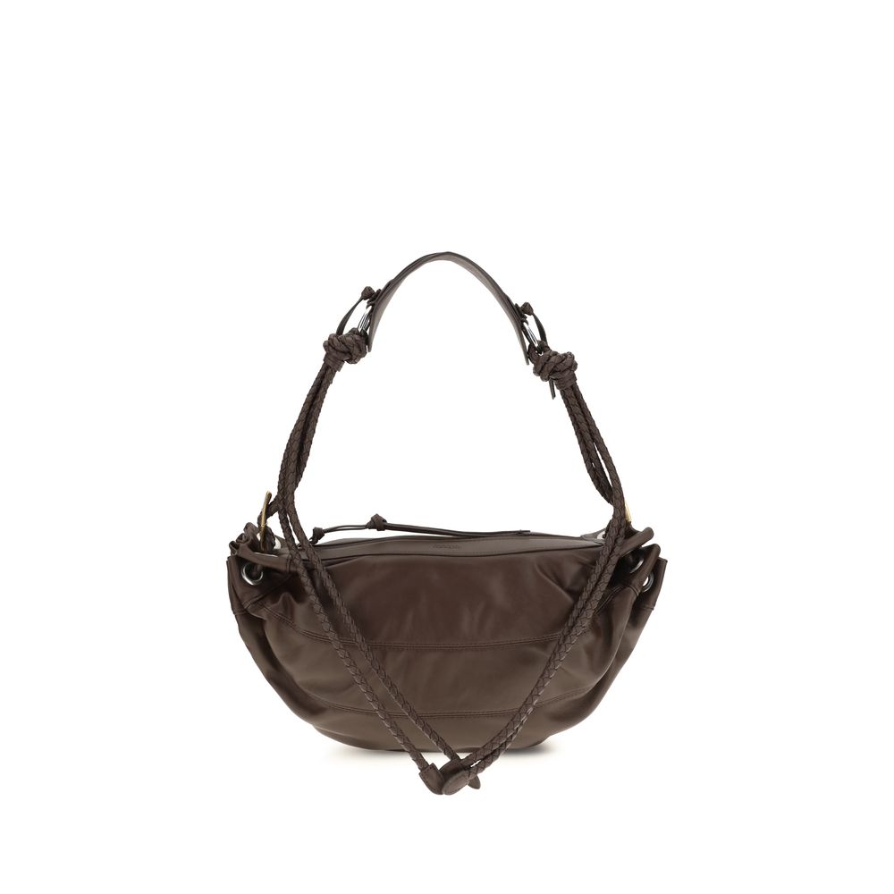Isabel Marant Maia Medium shoulder bag in chocolate brown pleated lambskin leather featuring braided leather cord straps, a diamond-shaped stopper, and mixed-metal hardware.