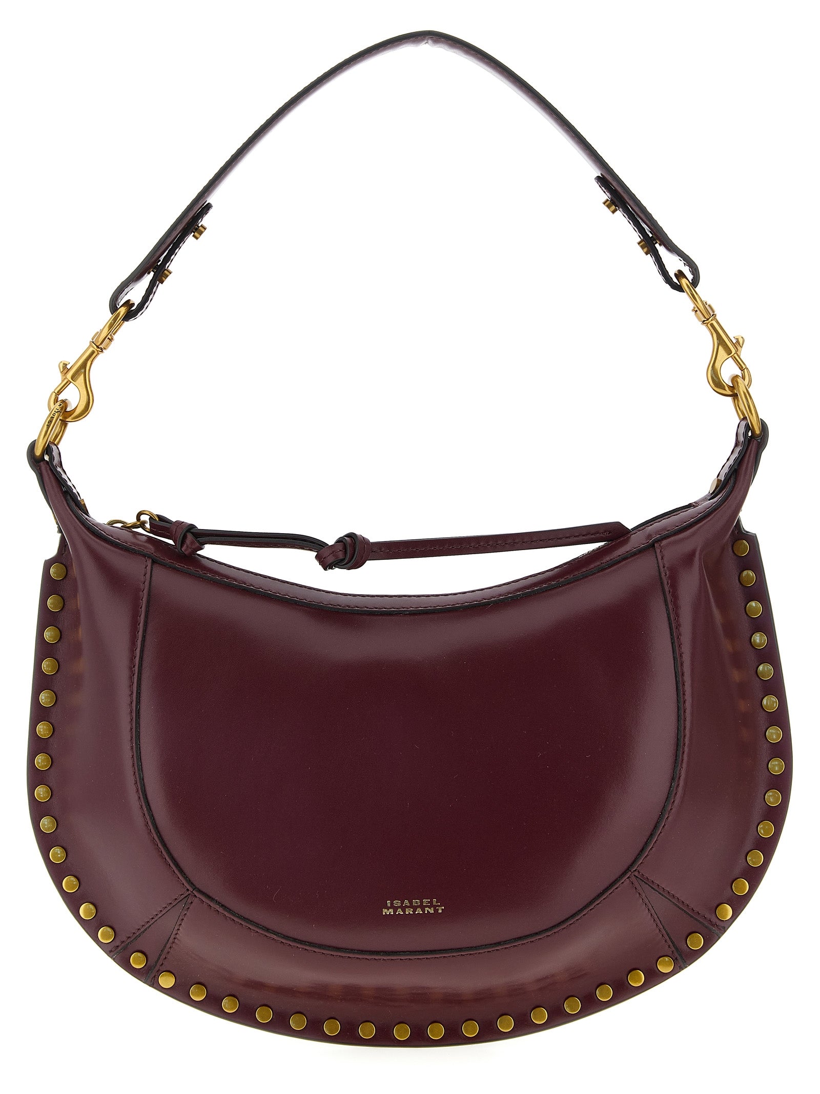 Isabel Marant Naoko studded shoulder bag in burgundy calfskin leather with gold metal studs, available at The Exclusive Line Singapore.