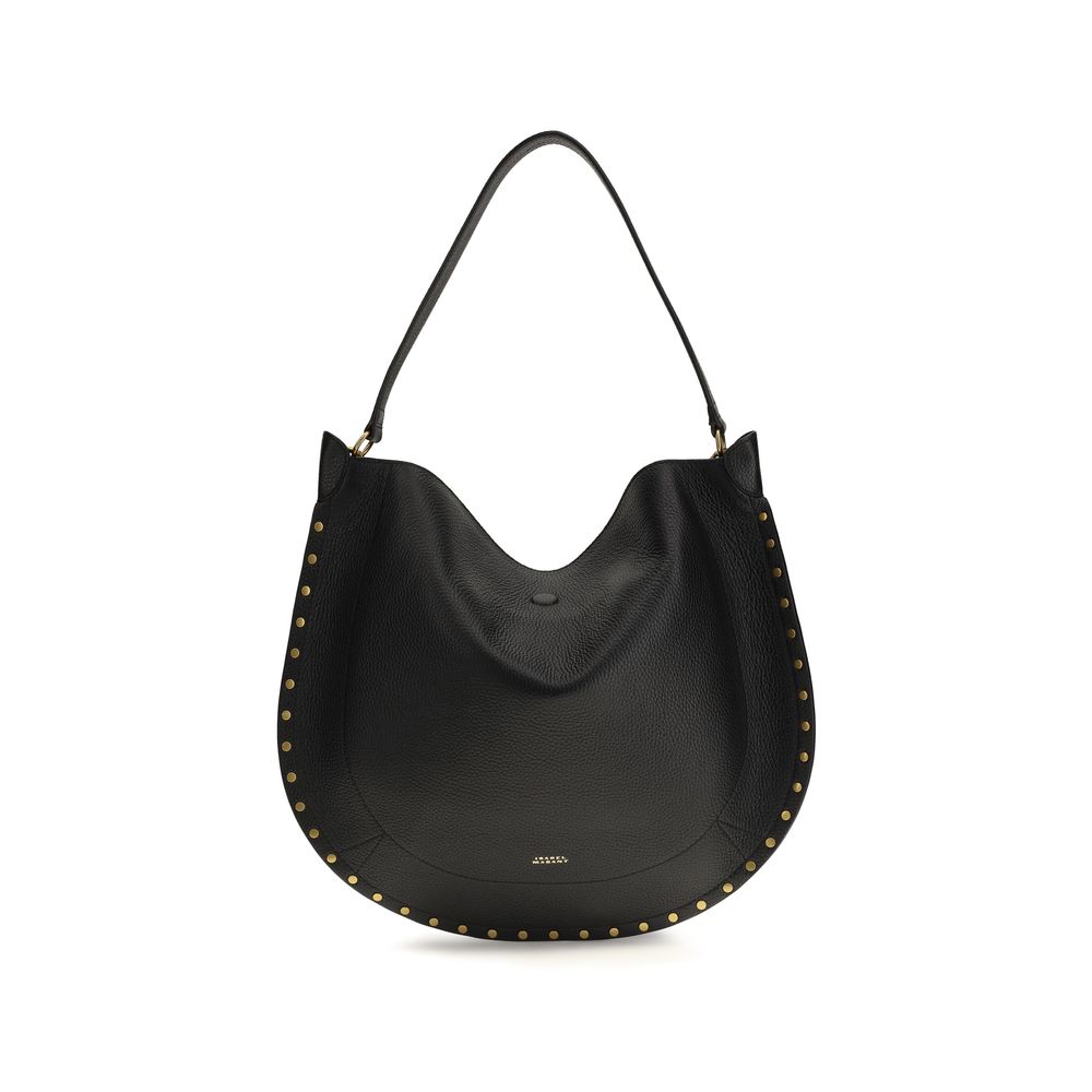 Isabel Marant Oskan Hobo shoulder bag in black grained leather featuring gold studded edges, slouchy silhouette, and a soft top handle.