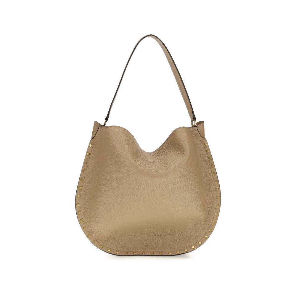Isabel Marant Oskan Hobo shoulder bag in cappuccino grained leather featuring gold studded edges, slouchy silhouette, and a soft top handle.