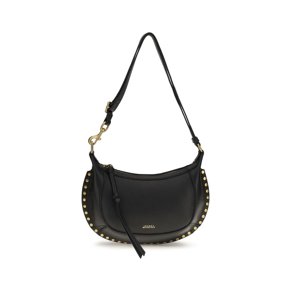 Isabel Marant Oskan Moon shoulder bag in black grained calfskin leather featuring gold-finish studded trim and an adjustable buckled strap.