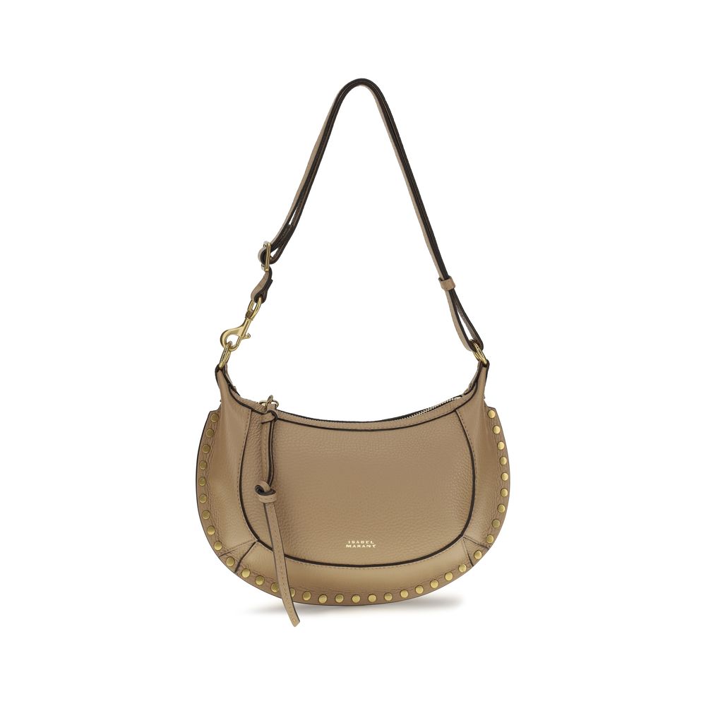 Isabel Marant Oskan Moon shoulder bag in cappuccino grained cowhide leather with gold stud detailing and a long knotted zip pull.