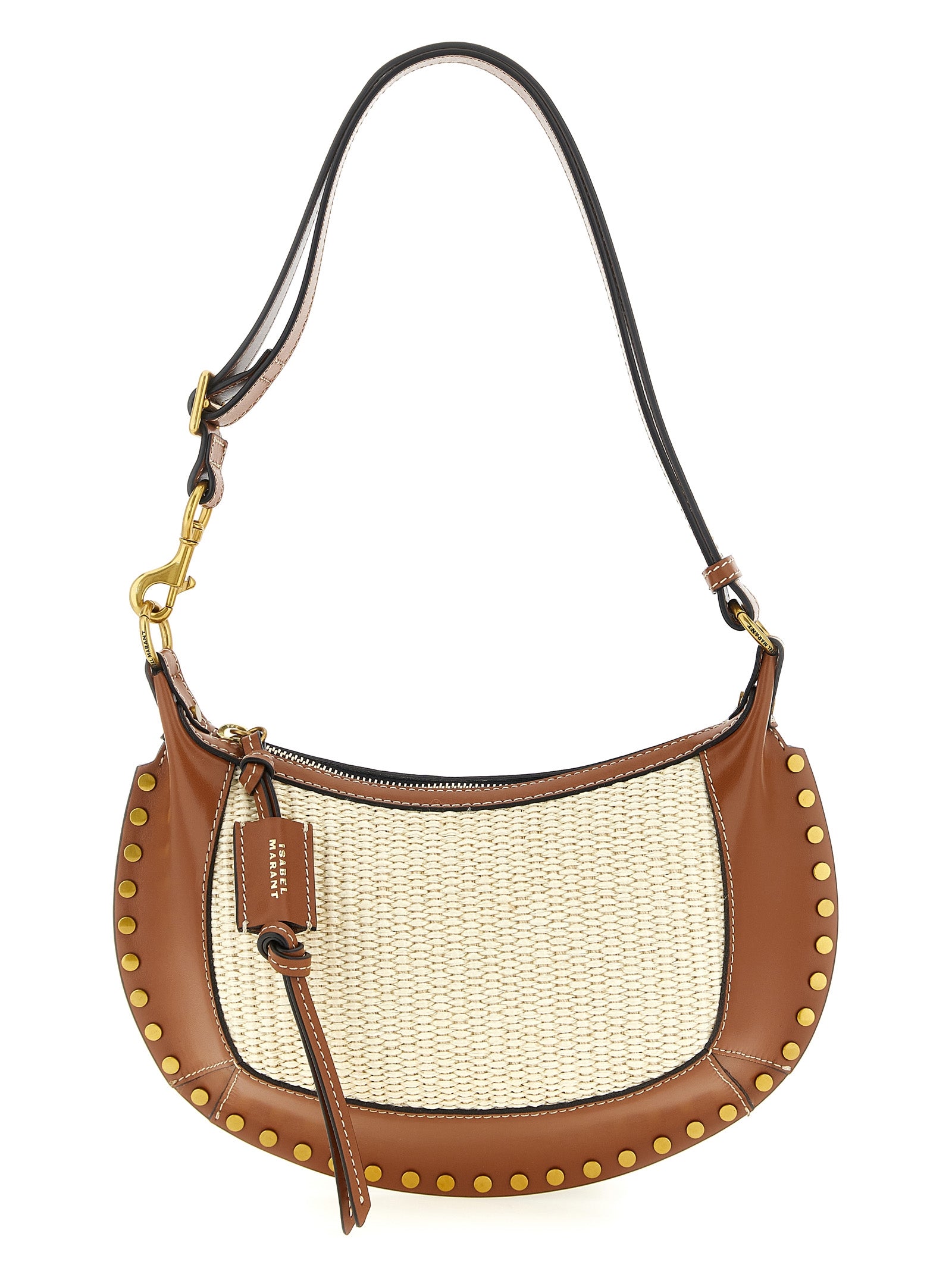 Isabel Marant Oskan Moon bag in natural woven raffia and cognac calfskin leather with gold stud detailing, available at The Exclusive Line Singapore.