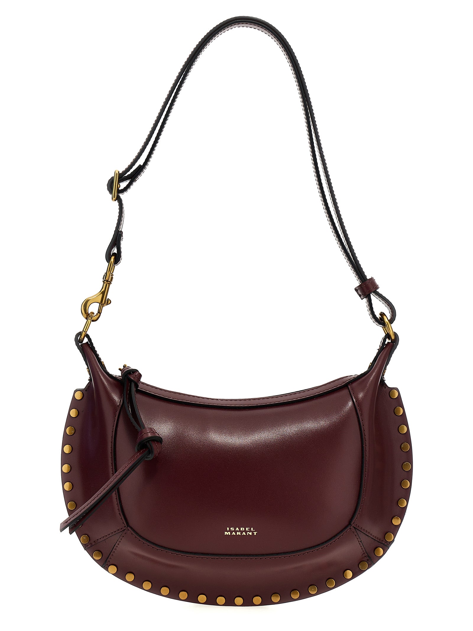 Isabel Marant Oskan Moon shoulder bag in burgundy calfskin leather with gold stud accents, curated for The Exclusive Line Singapore.