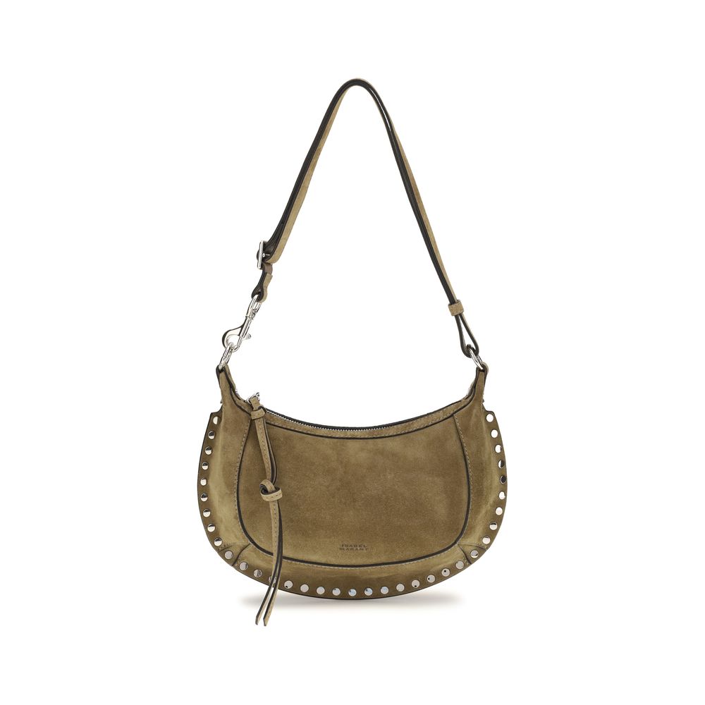 Isabel Marant Oskan Moon shoulder bag in taupe suede calfskin leather featuring silver studded trim and a tied leather zip pull.