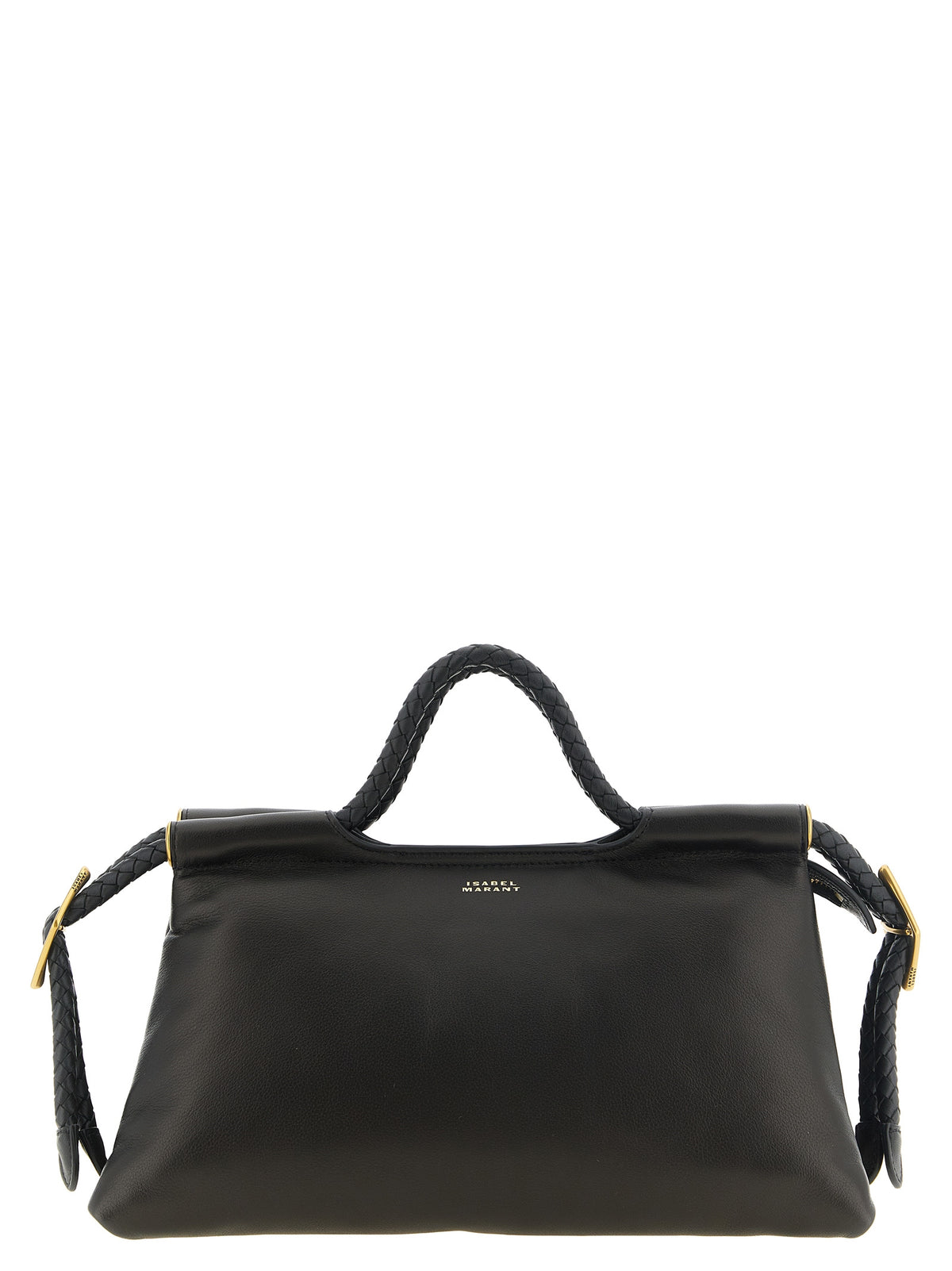 Isabel Marant Pipa Medium handbag in black lambskin leather featuring braided handles and engraved brass-finish hardware.