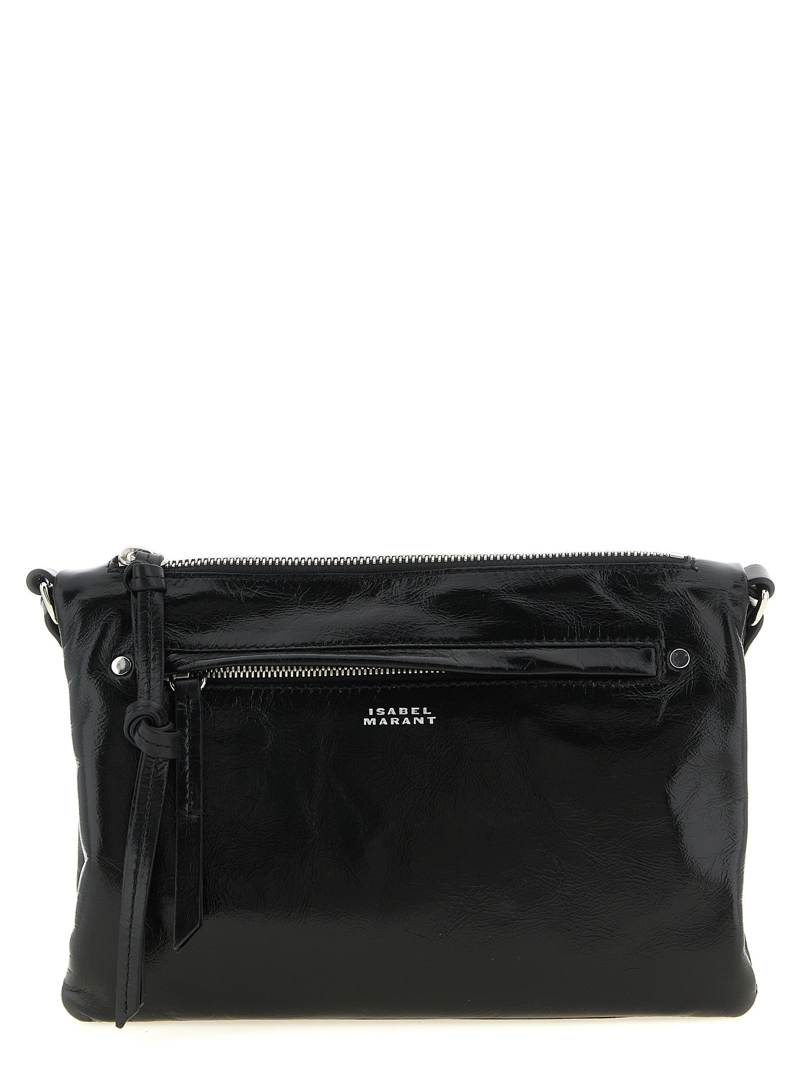 Isabel Marant Winna Duo shoulder bag in black shiny leather featuring a crossbody strap, available at The Exclusive Line Singapore.