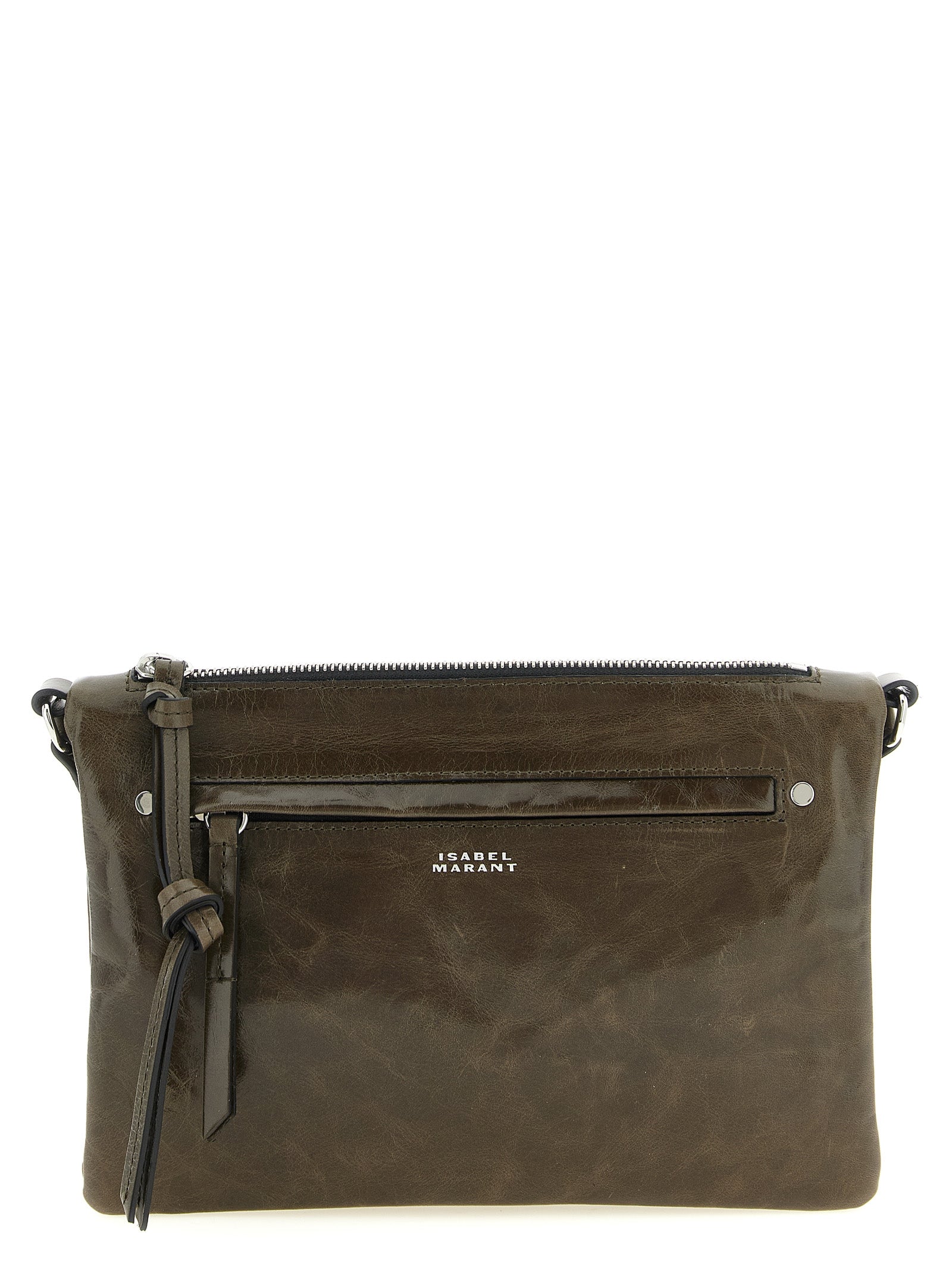 Isabel Marant Winna Duo shoulder bag in moss green shiny leather with a crossbody strap, curated for The Exclusive Line Singapore.