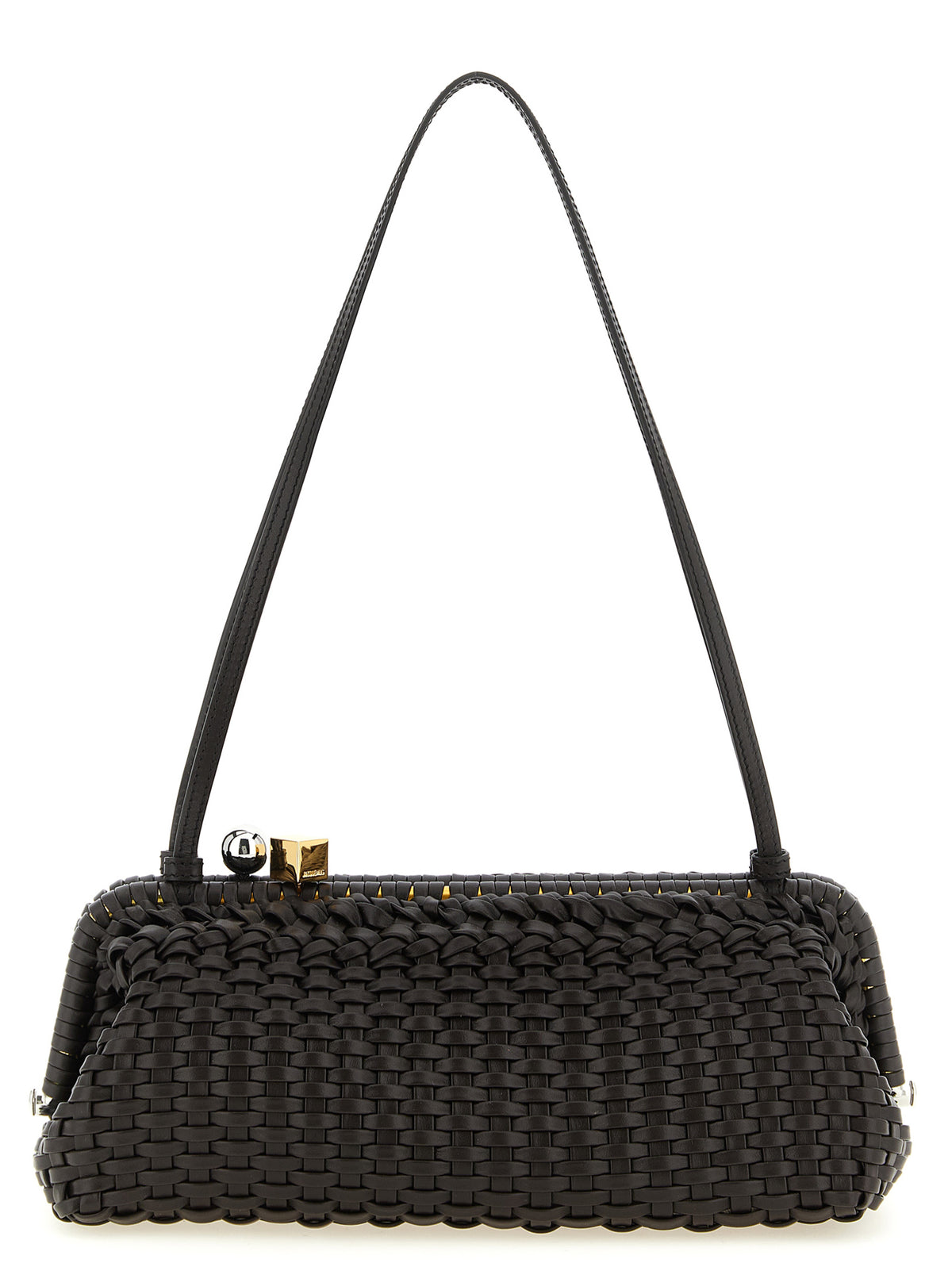 Jacquemus La Grande Pochette Salon shoulder bag in black basket-weave leather with Rond-Carré clasp.
