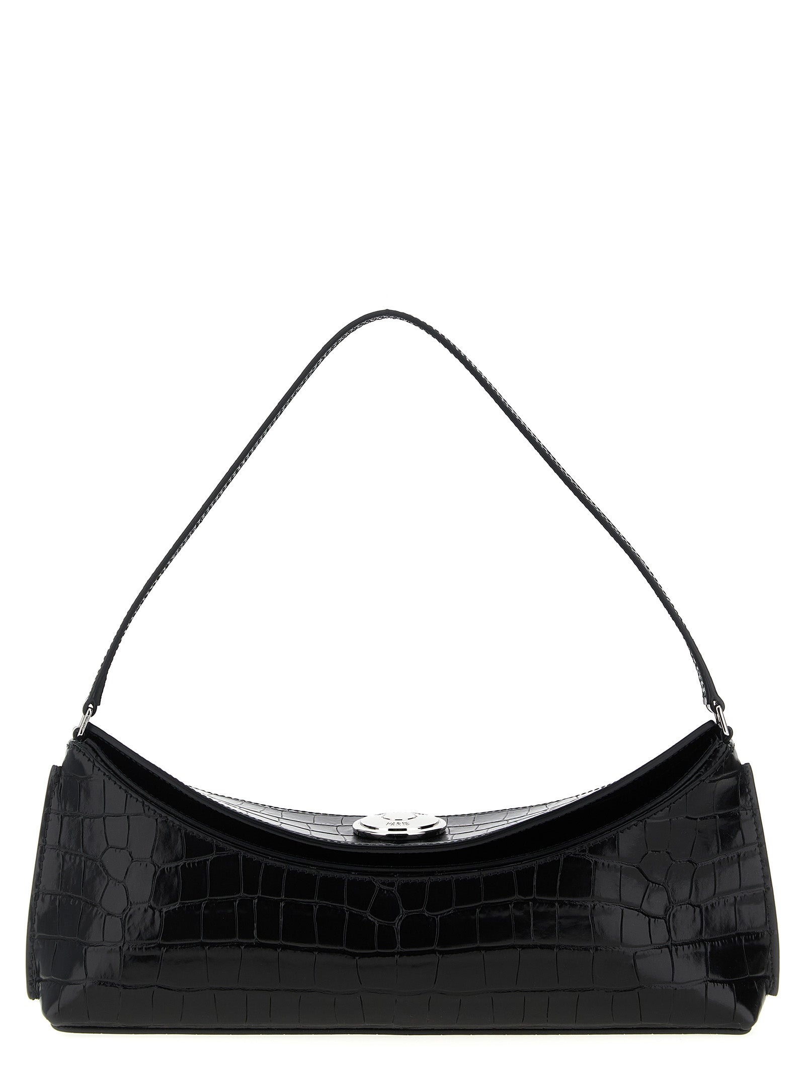 Jacquemus La Pochette Ovalo black crocodile embossed leather shoulder bag with engraved metal snap fastener.