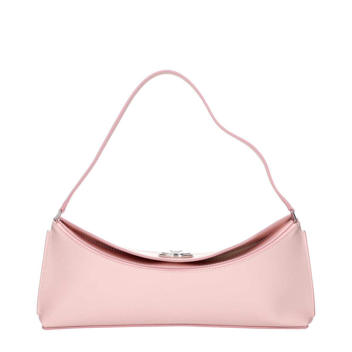 Jacquemus La Pochette Ovalo folded shoulder bag in pale pink glazed calf leather featuring large engraved snap fastener and slim strap.