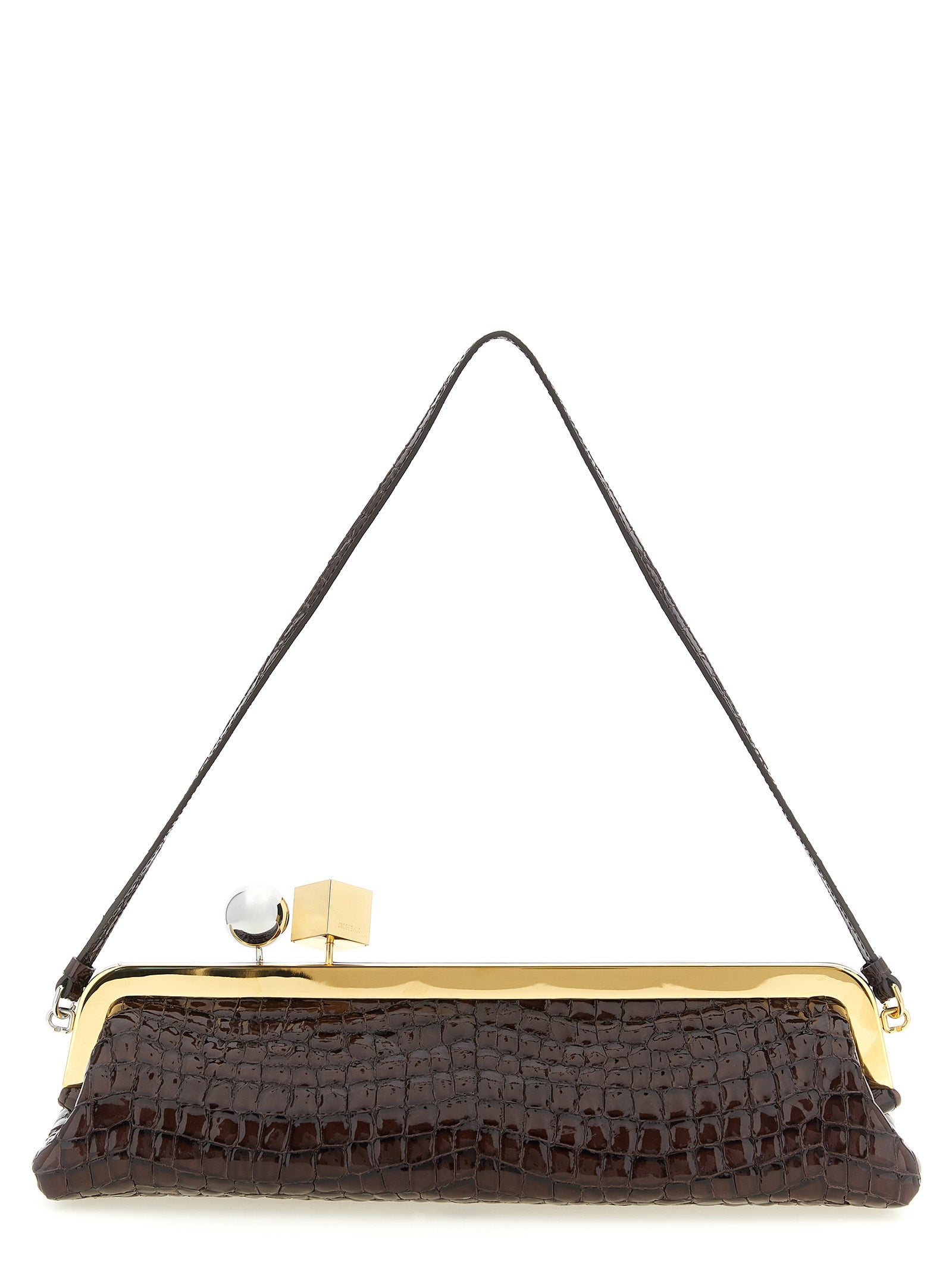 Jacquemus La Pochette Salon brown crocodile embossed leather long clutch bag with mixed metal clasp.