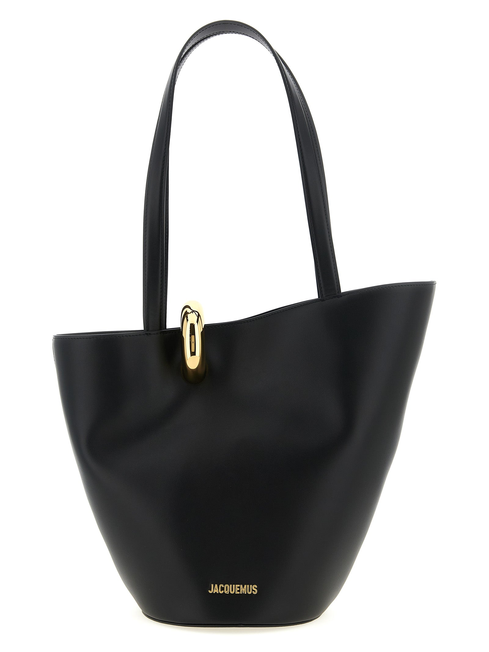 Jacquemus Le Bambola Moyen black smooth leather asymmetric bucket bag with gold hardware.
