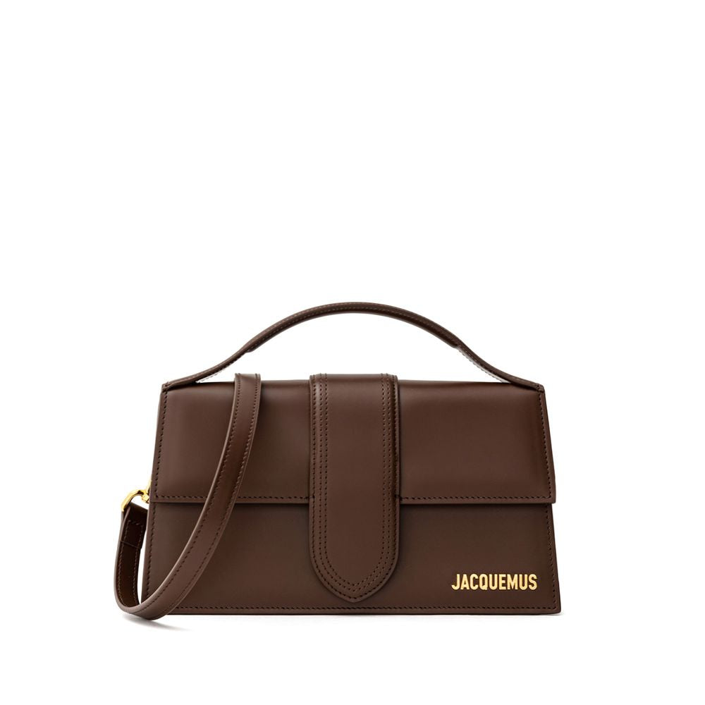 Jacquemus Le Grand Bambino brown leather crossbody bag with gold hardware.