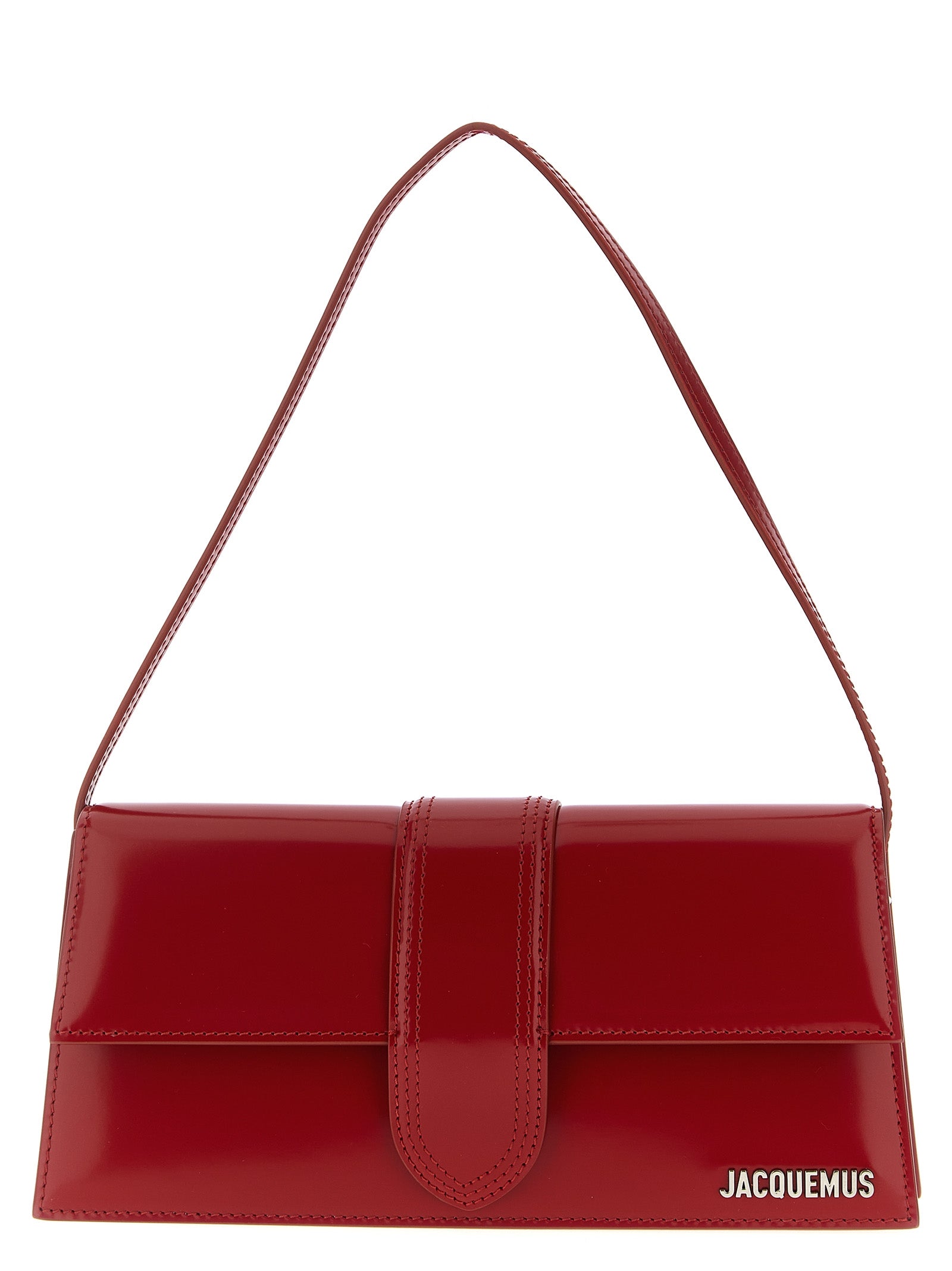 Jacquemus Le Grand Bambino Long red patent leather shoulder bag with silver hardware.