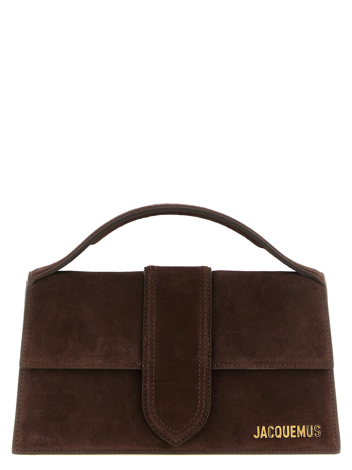 Jacquemus Le Grand Bambino crossbody flap bag in medium brown calfskin suede with gold-tone logo lettering and structured top handle.