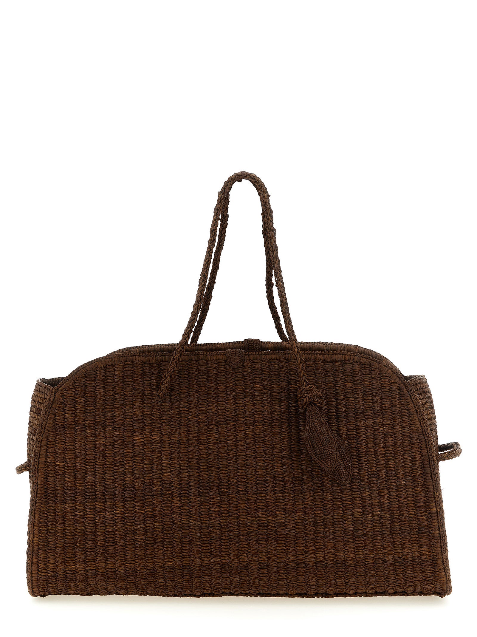 Jacquemus Le Grand Turismo large camel basket weave raffia bowling bag with braided handles.
