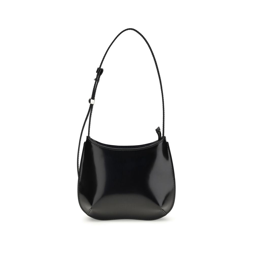 Jacquemus Le Petit Bisou black shiny leather shoulder bag with structured frame and silver-tone logo, available at The Exclusive Line Singapore.