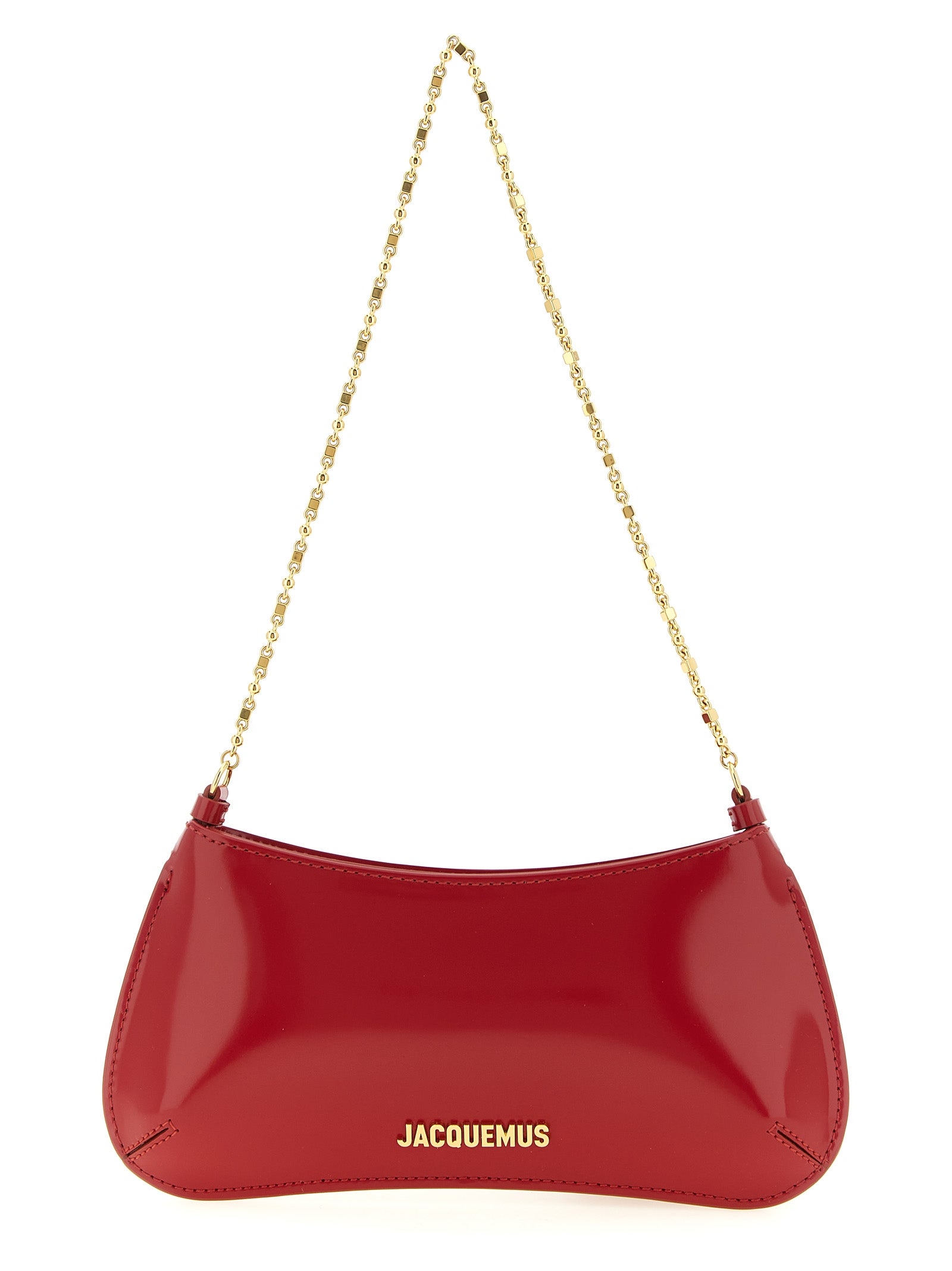 Jacquemus Le Petit Bisou Chaine red spazzolato leather shoulder bag with gold chain strap.