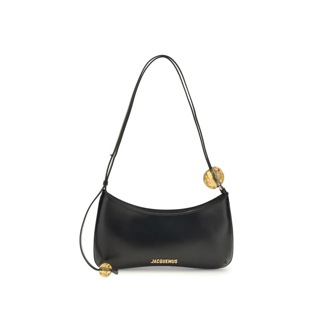 Jacquemus Le Petit Bisou Perle black leather shoulder bag with decorative oversized beads on the strap and gold-tone logo.