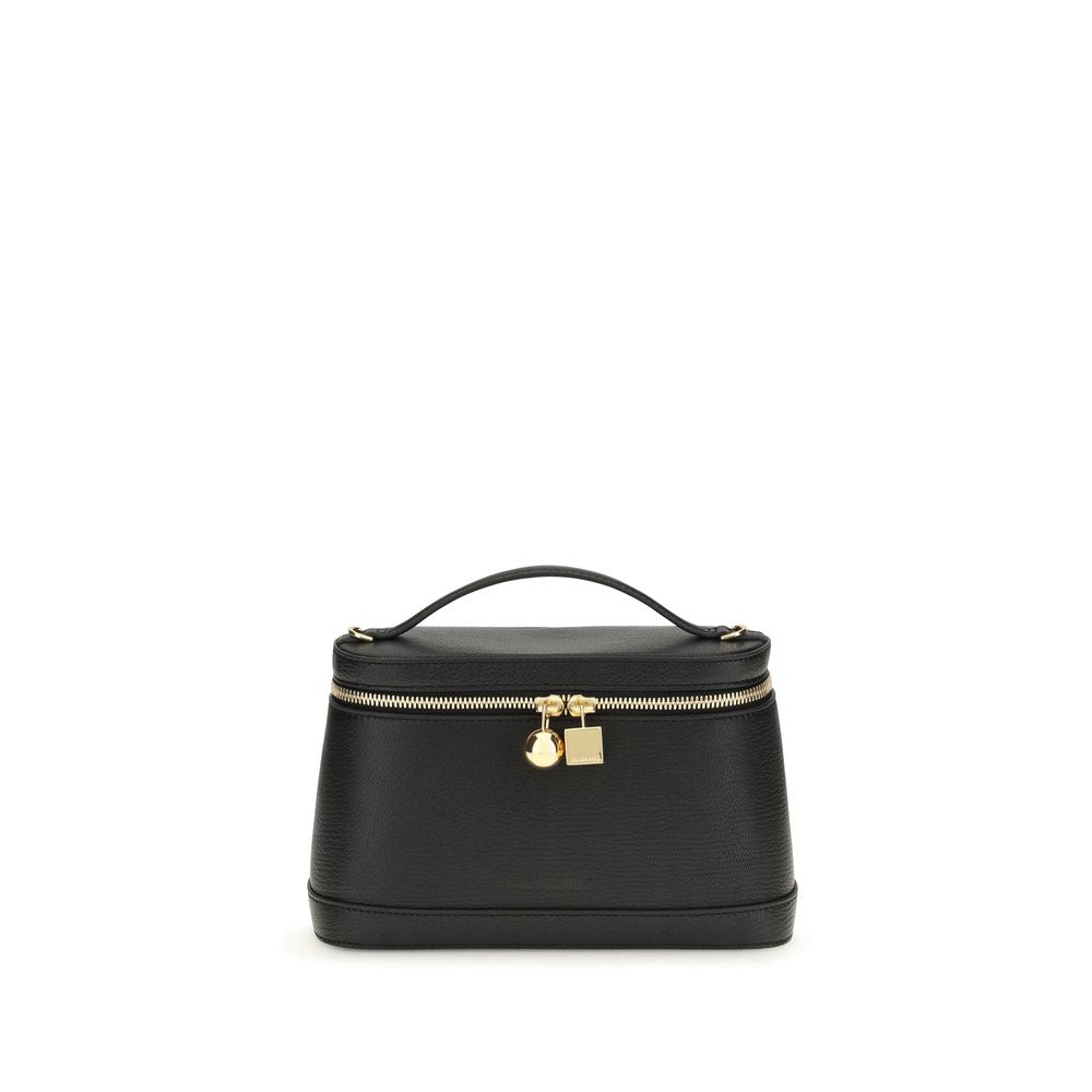 Jacquemus Le Petit Vanity handbag in black grained leather with gold-tone hardware and top handle.