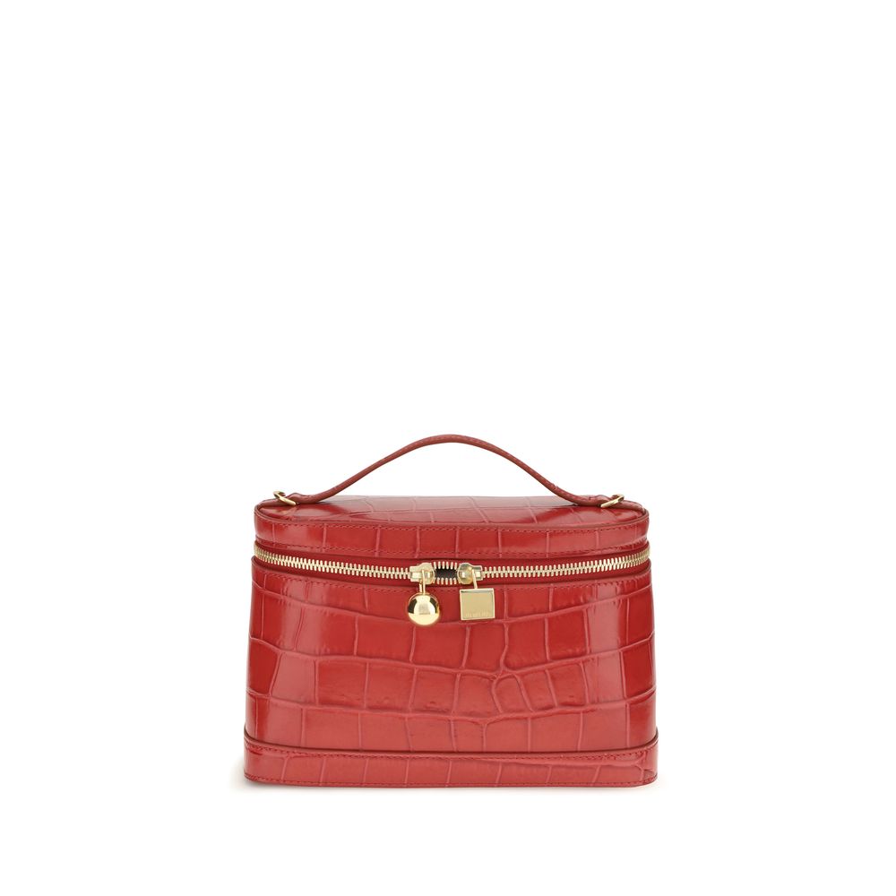 Jacquemus Le Petit Vanity handbag in red croc-effect leather with gold-tone hardware and top handle.