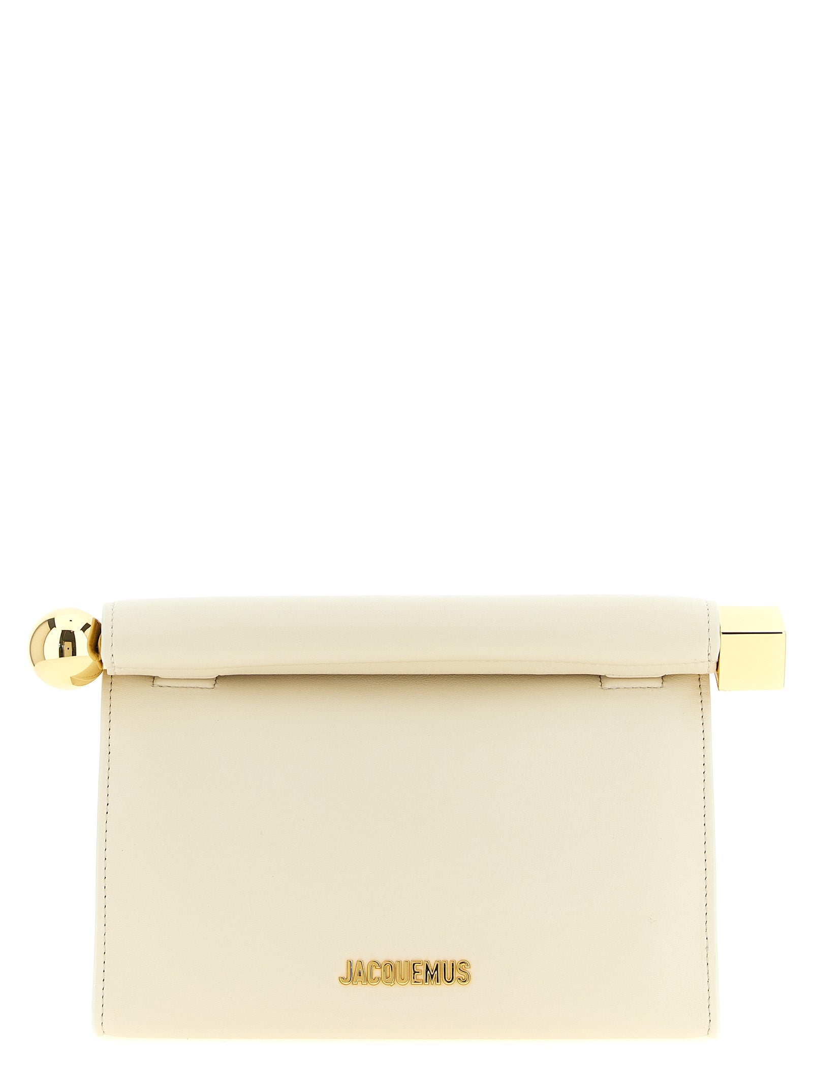Jacquemus Le Rond Carre light ivory nappa lambskin leather clutch bag with gold sphere and cube clasps.