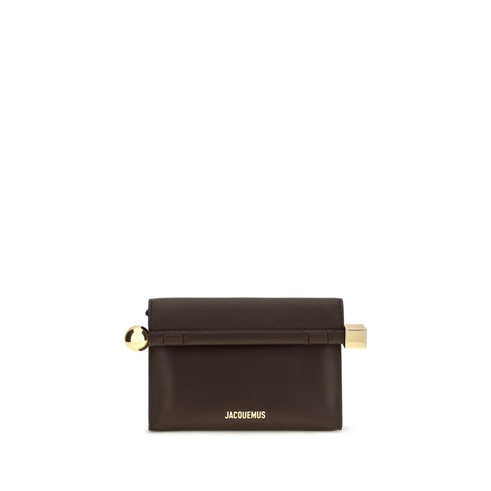 Jacquemus Le Rond Carre midnight brown nappa lambskin leather clutch bag with gold hardware.