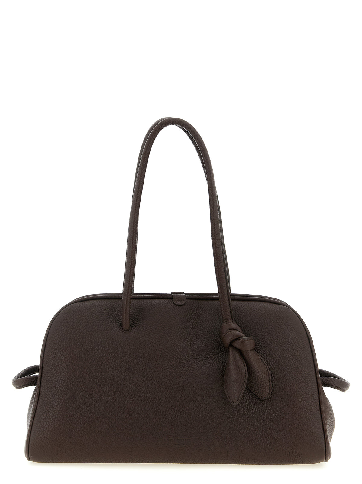 Jacquemus Le Turismo bowling bag in dark brown grained calfskin leather with bow detail.