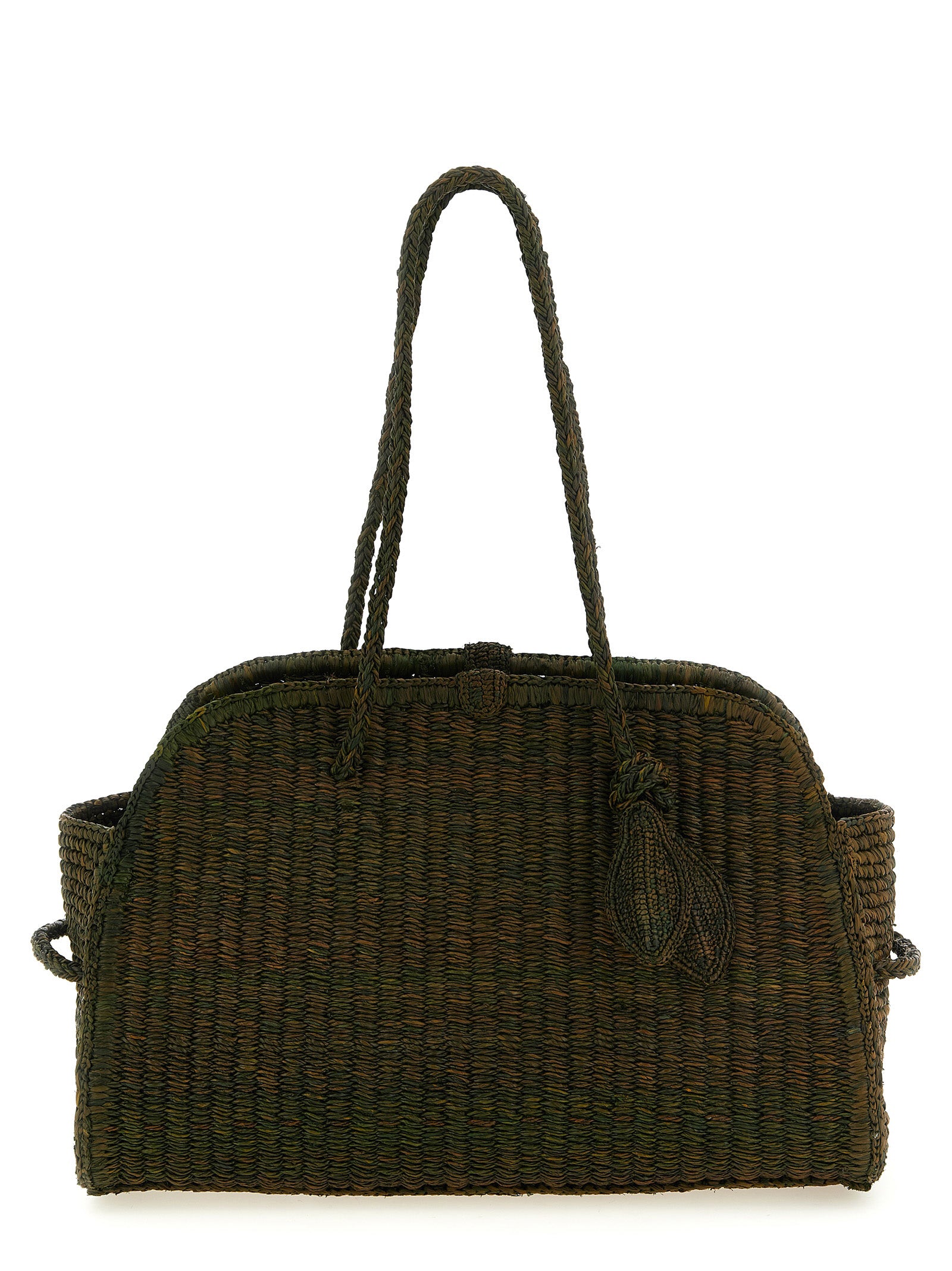 Jacquemus Le Turismo dark green basket weave raffia bowling bag with braided handles.